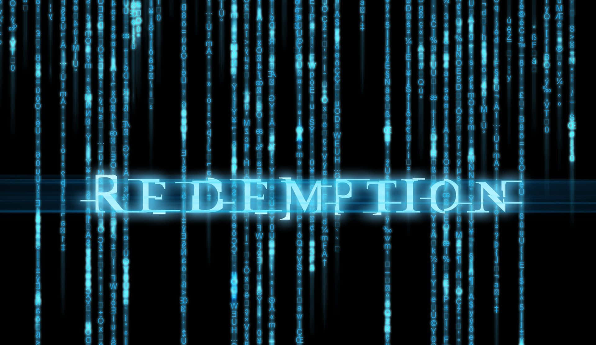 Theology 桌布 壁紙 — 「redemption」一詞以藍色數位字體在黑色背景上發光，並伴有下降的二進位代碼流。