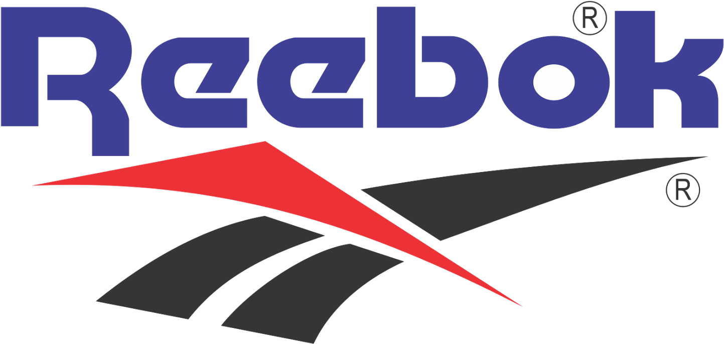 銳步 桌布 壁紙 — Reebok 標誌以黑色背景上的粗體藍色文字和紅色及灰色的動態勾號為特色。