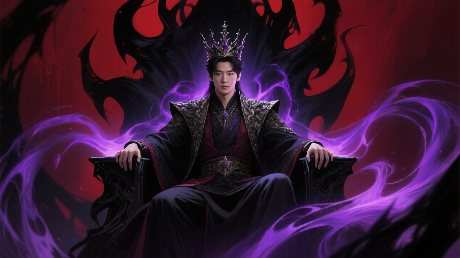 Throne of Shadows 壁紙 — 一位身穿深色華麗長袍、頭戴尖刺王冠的威嚴人物坐在王座上，身後旋轉的紫色能量和黑色惡魔翅膀在深紅色背景下爆發。