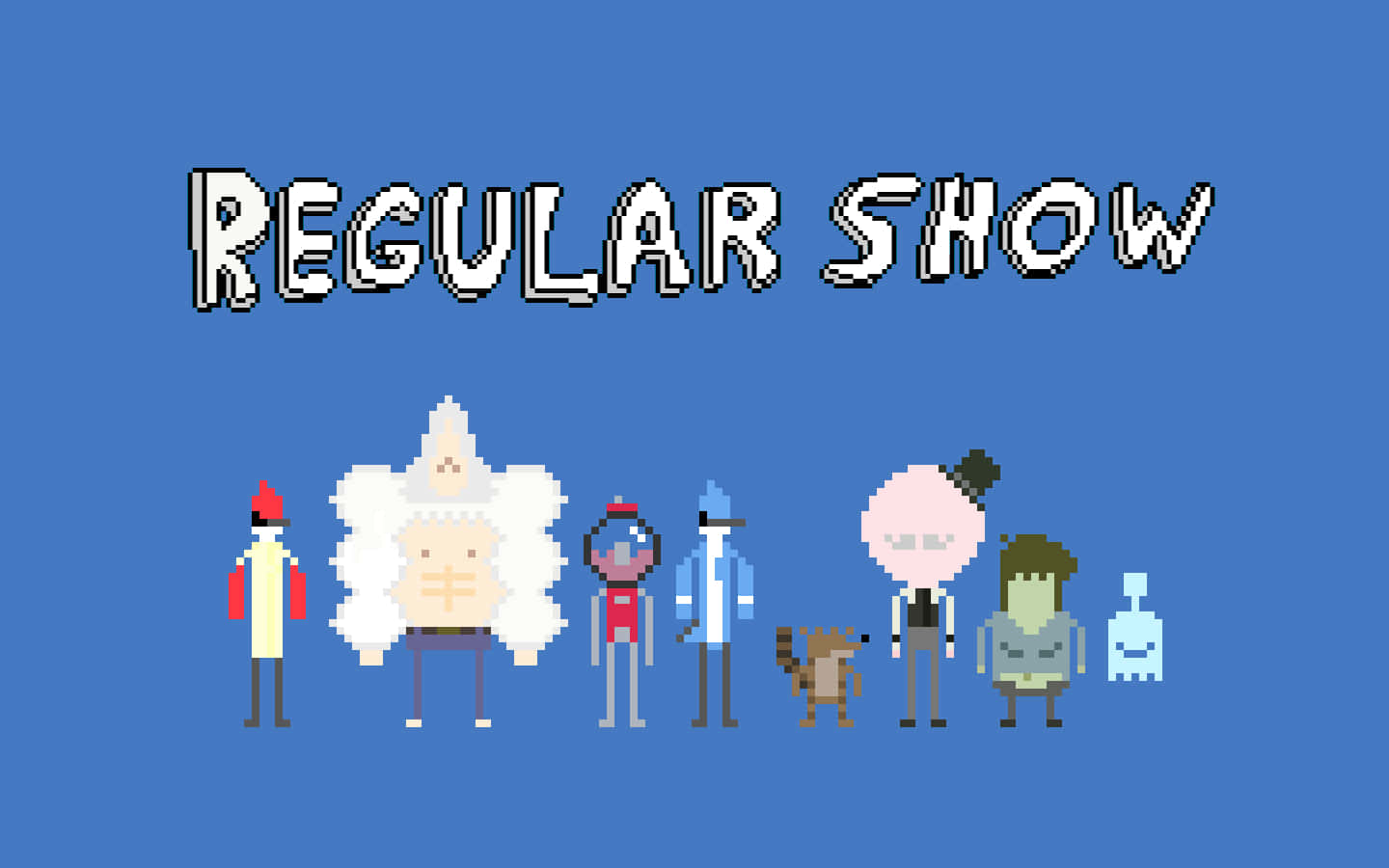 天兵公園 桌布 壁紙 — 《Regular Show》的像素藝術角色在實心藍色背景上、節目標題下方排成一排。