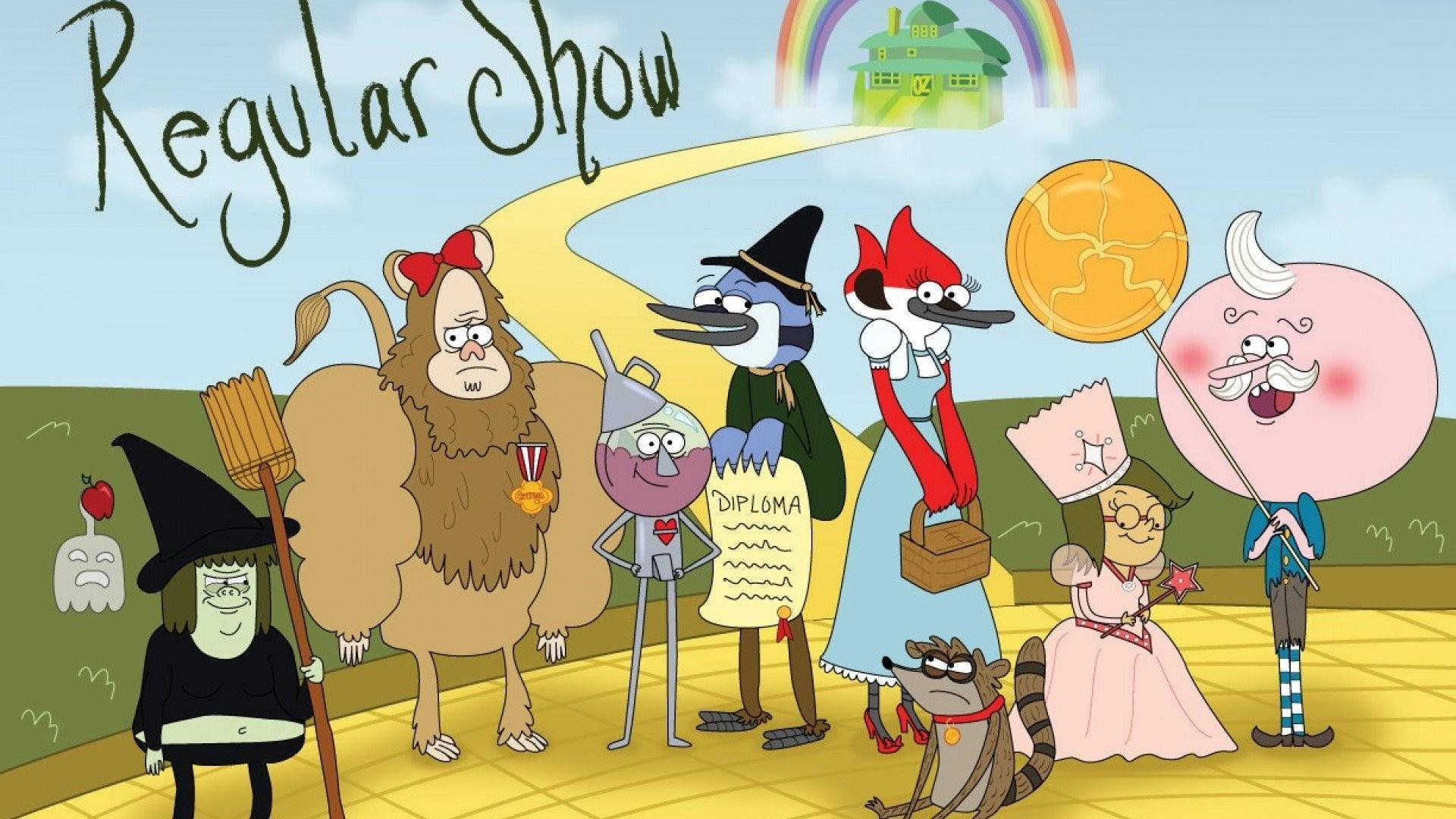 mordecai and rigby 桌布 壁紙 — 《Regular Show》的卡通角色站在一條黃磚路上，在彩虹下方，遠處有一間綠色房子。