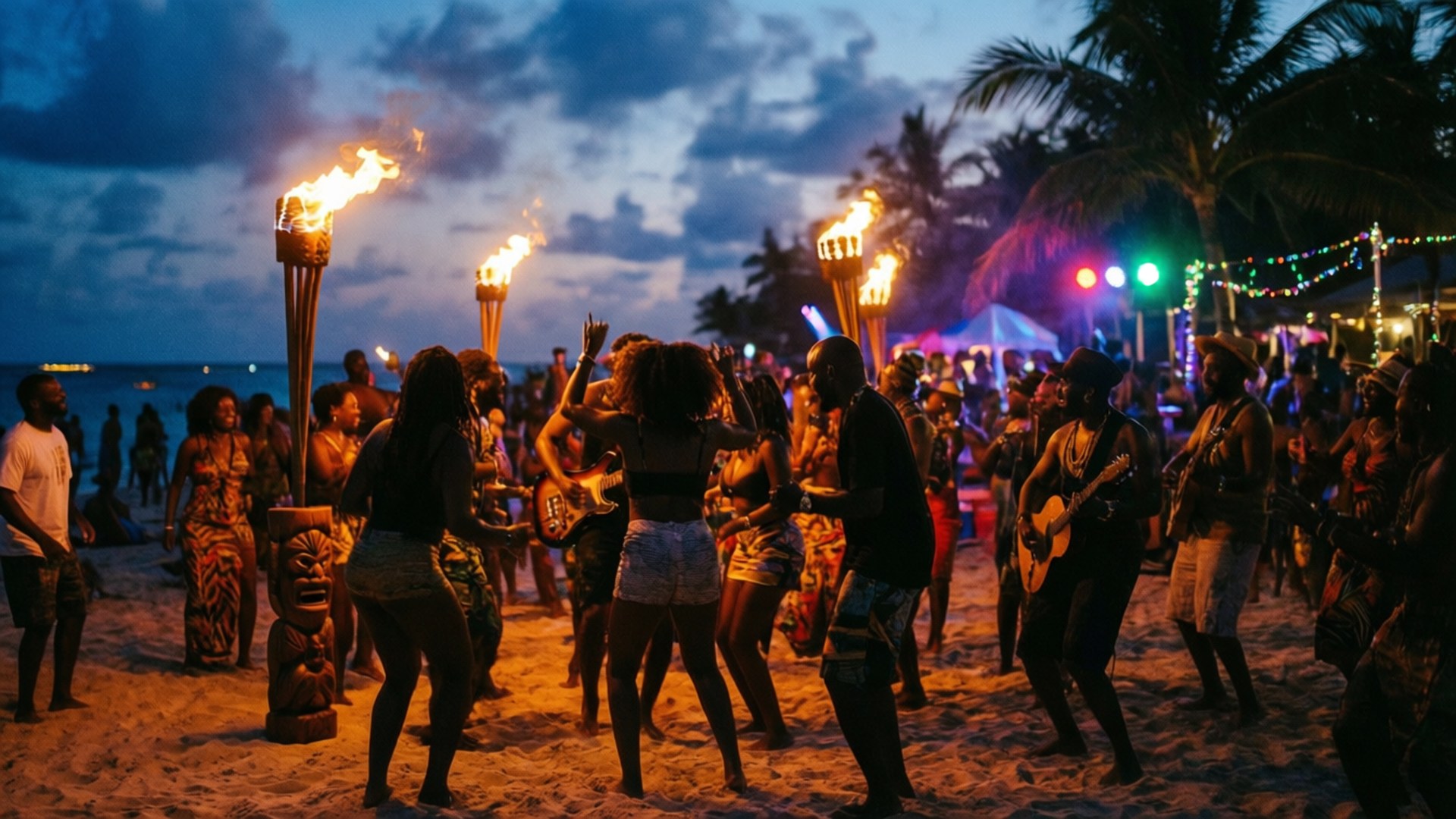 Beach Party Reggae Night 壁紙 — 人們在黃昏的海灘上跳舞，在棕櫚樹下被燃燒的火炬和五彩繽紛的舞台燈光照亮。