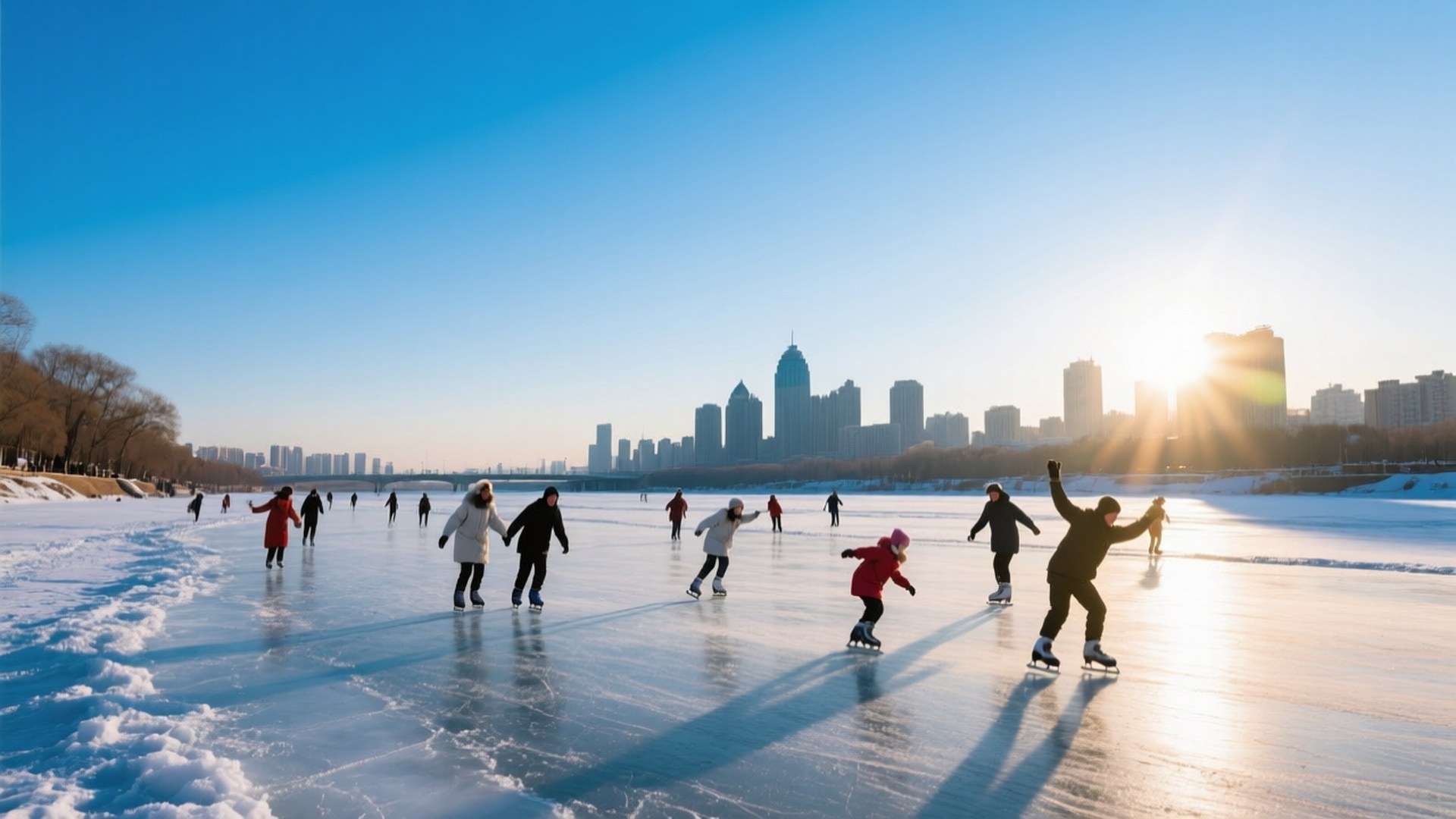 Frozen River Fun 壁紙 — 人們在結冰的河上溜冰，天空清澈湛藍，城市天際線和夕陽投下長長的影子。