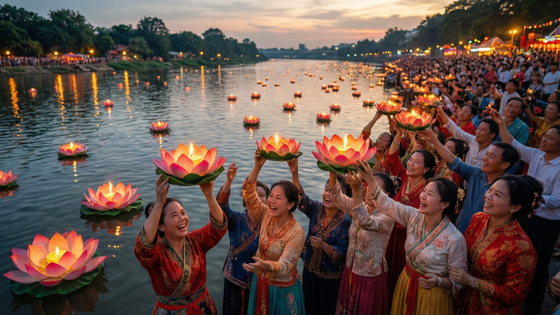 Lantern Festival 桌布 壁紙 — 人們在暮色中歡樂地將發光的蓮花燈放到河上，進行節日文化慶祝活動。
