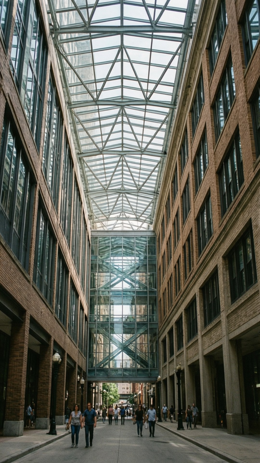 Skyway Interior View 壁紙 — 人們在狹窄的磚砌建築庭院中，在玻璃和鋼屋頂下漫步。