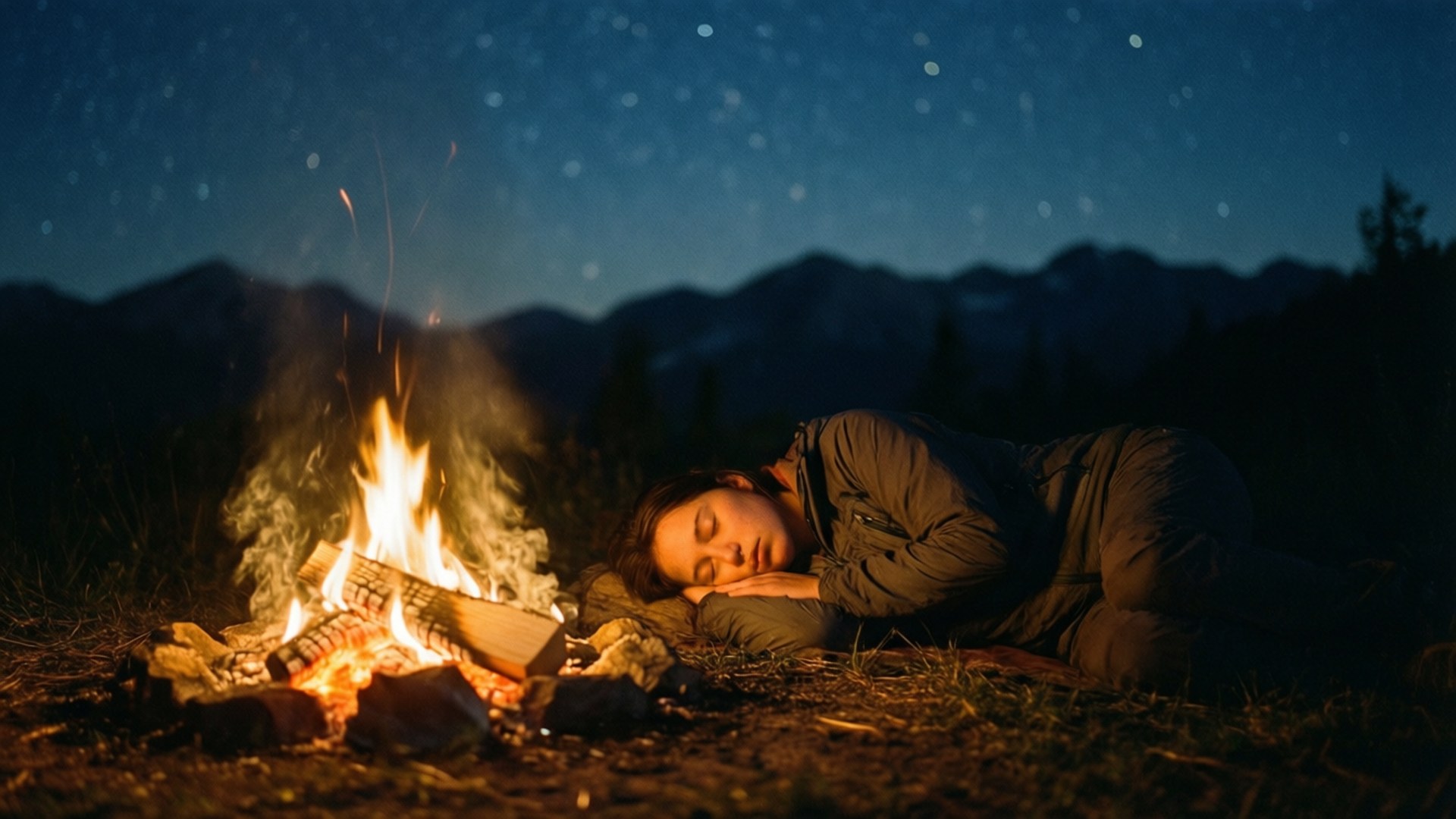 Night's Rest 壁紙 — 一個人在噼啪作響的營火旁，在繁星點點的夜空下，以遠處的山脈為背景，安然入睡。