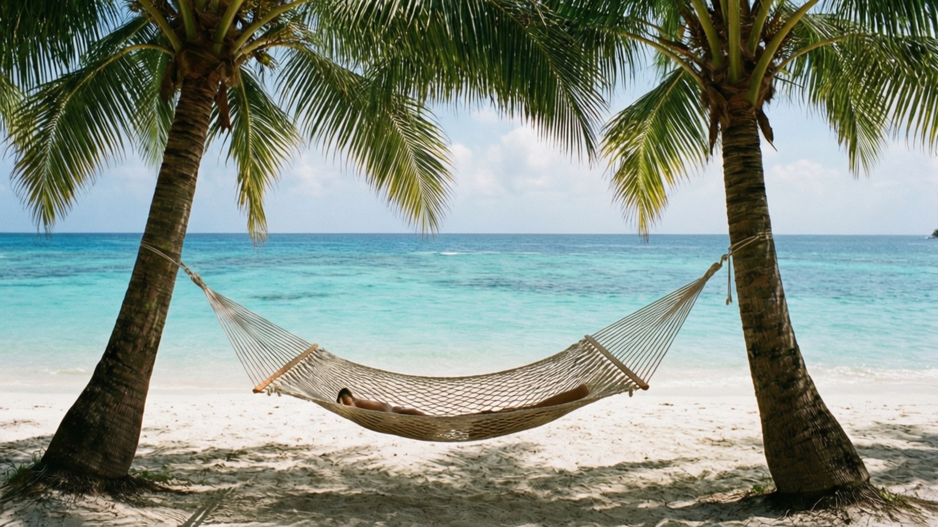Deserted Beach Hammock 壁紙 — 一個人在白色沙灘和碧綠海水之間，兩棵棕櫚樹之間掛著的米色吊床上放鬆。