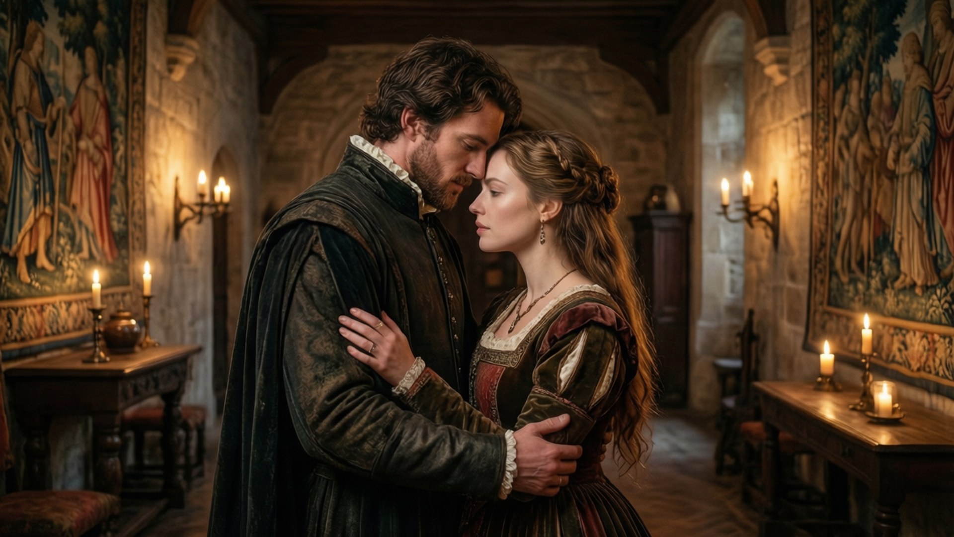 Embrace in the Castle 壁紙 — 一男一女身穿文藝復興時期服飾，在燭光照亮的石砌大廳中，掛毯裝飾下溫柔擁抱。