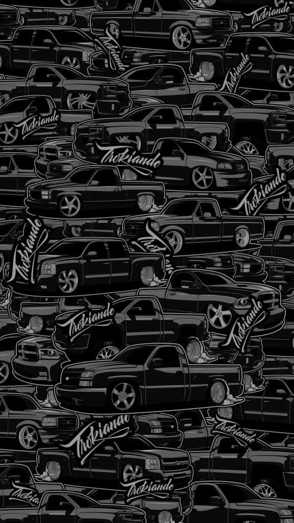  壁紙 — 重複的黑白圖案，風格化的皮卡車上帶有 'Trokriande' 塗鴉標籤，覆蓋整個畫面。