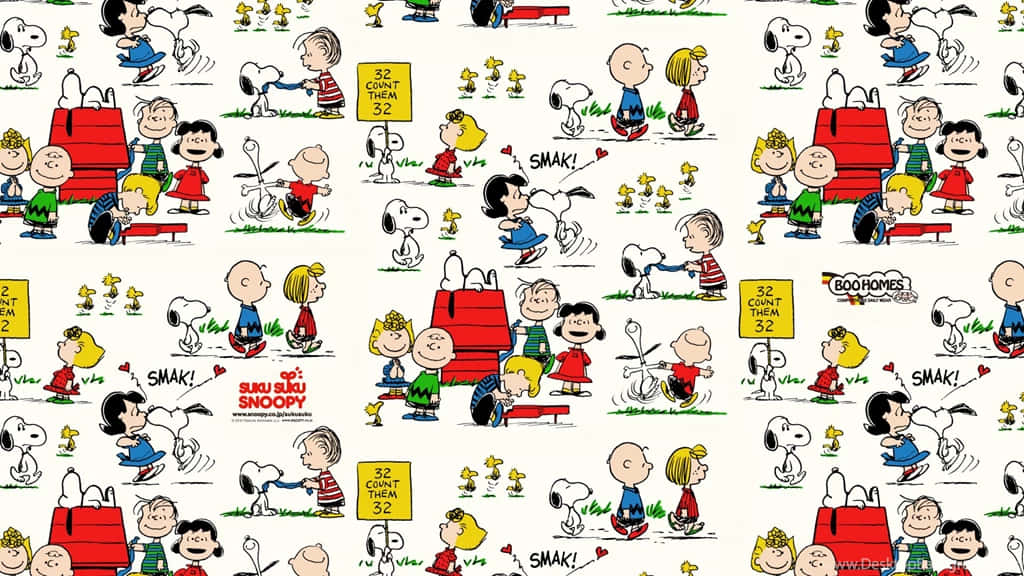 Snoopy Desktop 桌布 壁紙 — 重複的卡通面板顯示史努比和朋友們在經典花生漫畫場景中，配有紅色狗屋和黃色花朵。