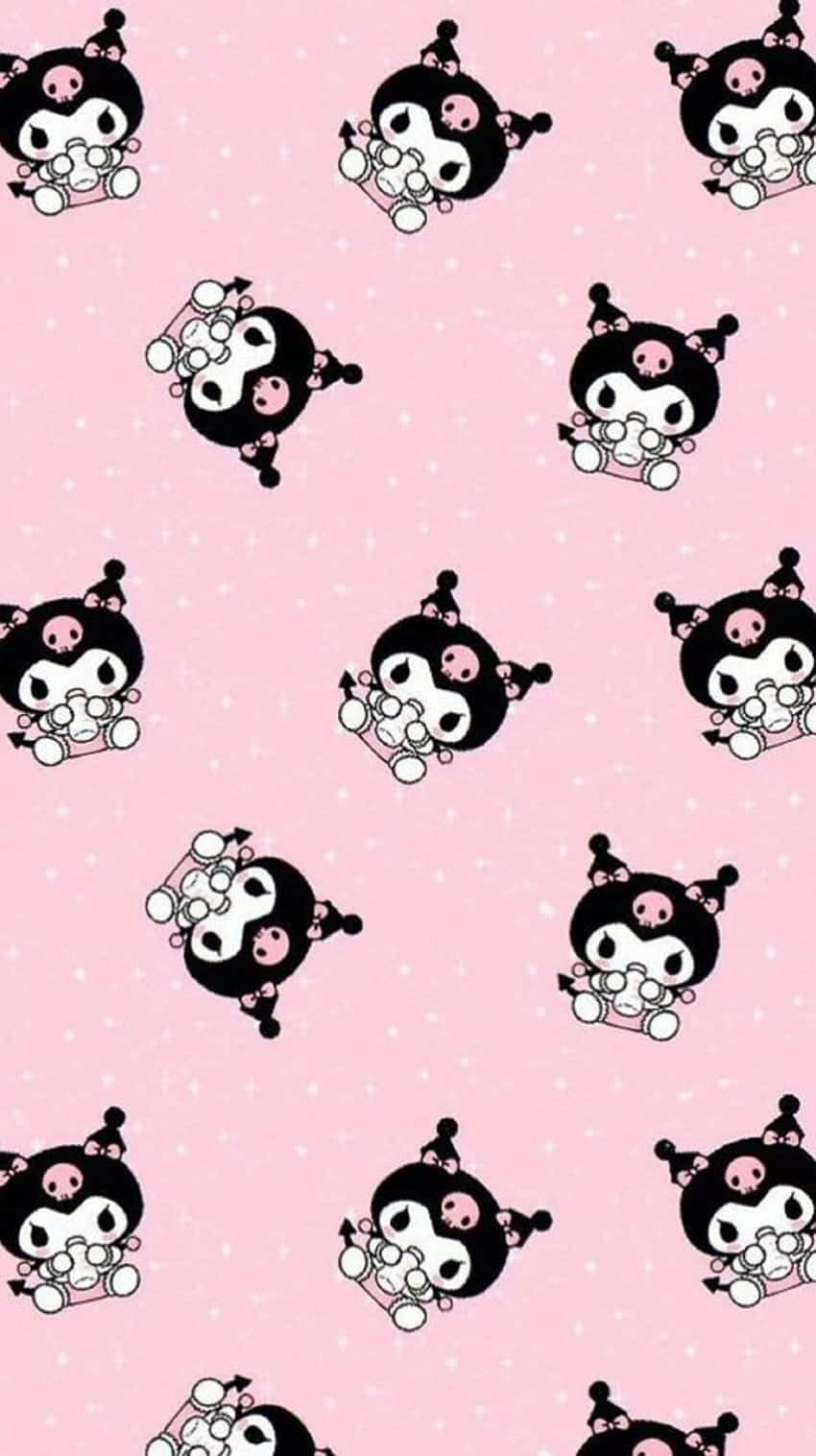 帶有重複 Kuromi 角色和白色圓點的粉紅色壁紙。 — 庫洛米 壁紙