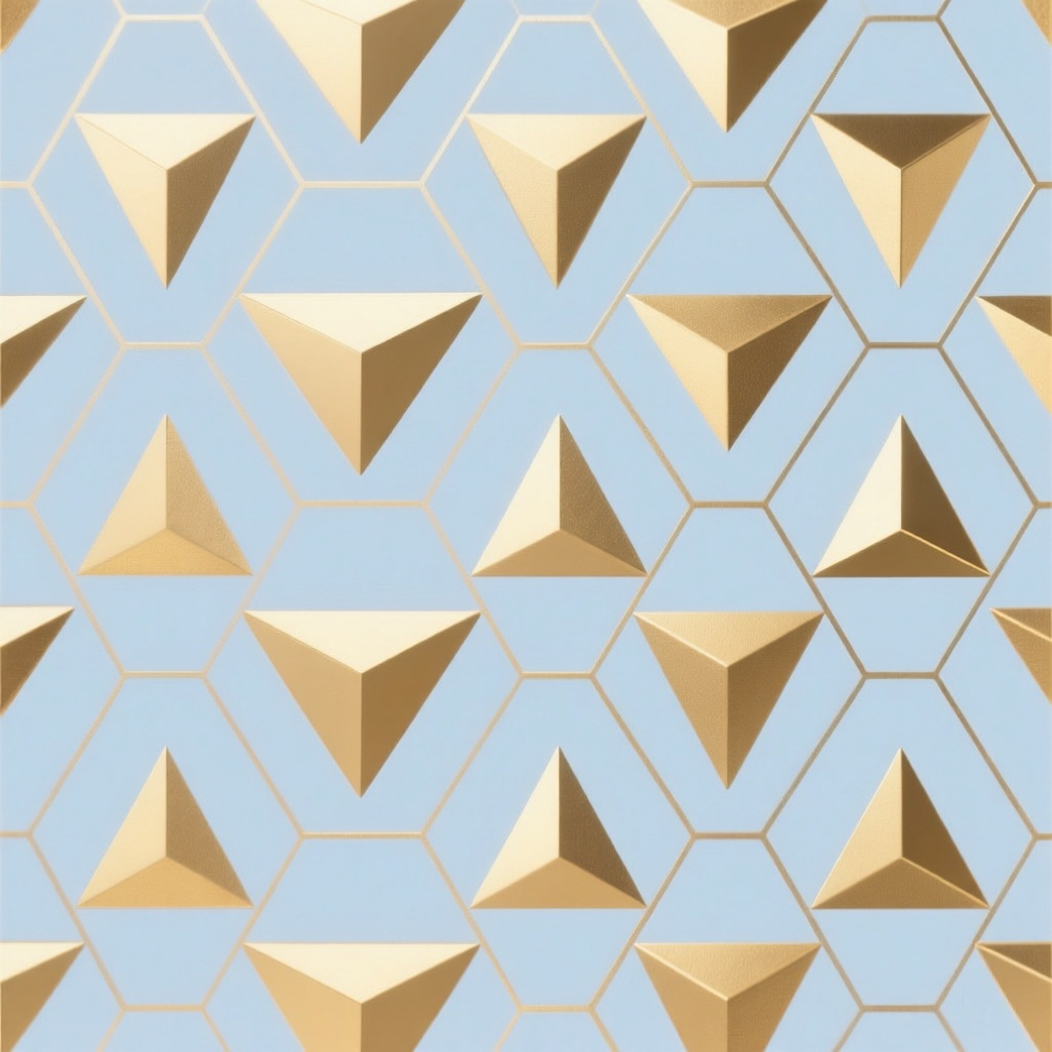 Periwinkle Geometric Gold 壁紙 — 在柔和的藍色背景上，重複的金色三角形金字塔圖案，置於六邊形輪廓內。