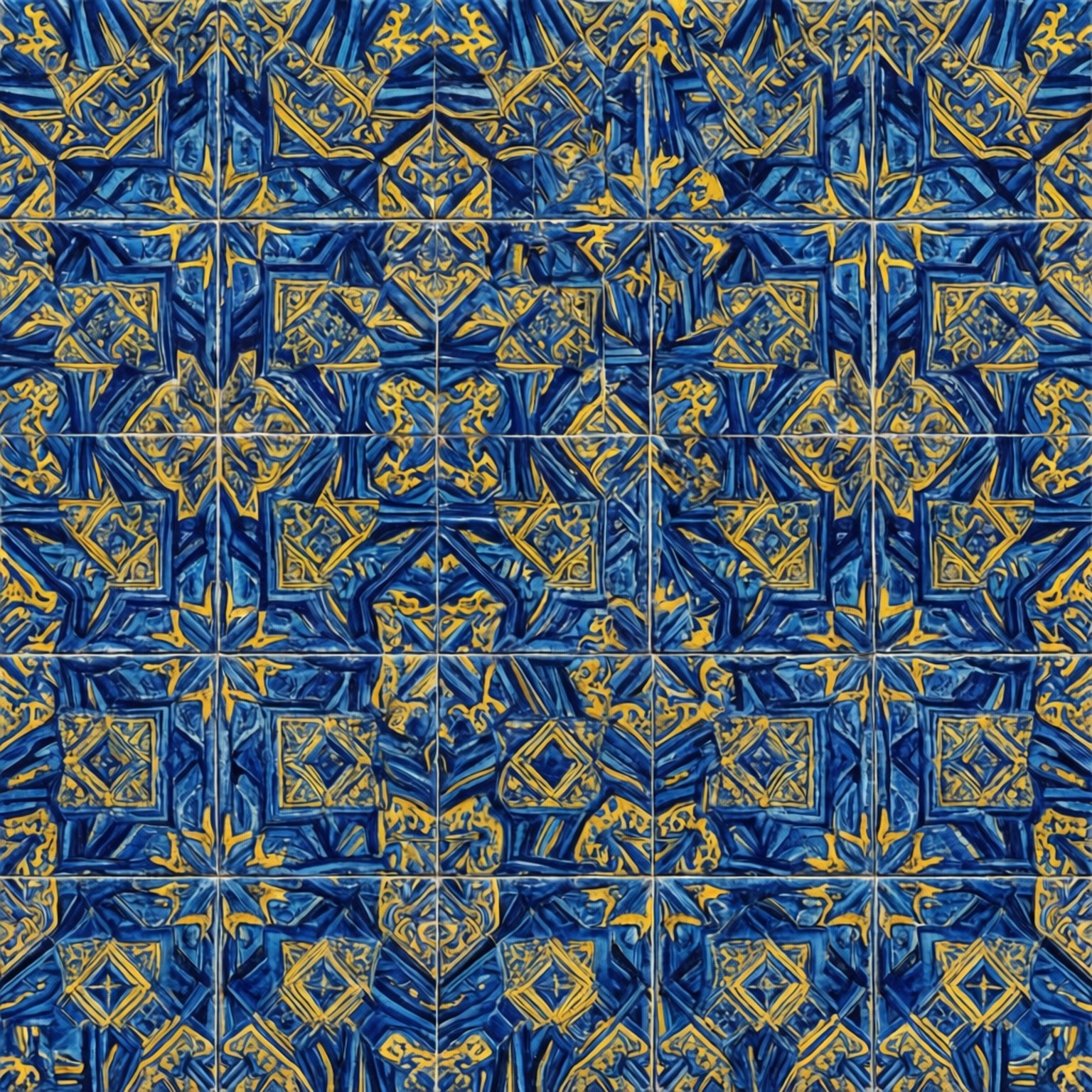 Talavera Tile Pattern 壁紙 — 重複的華麗藍色和金色陶瓷瓷磚圖案，帶有複雜的幾何和花卉圖案。