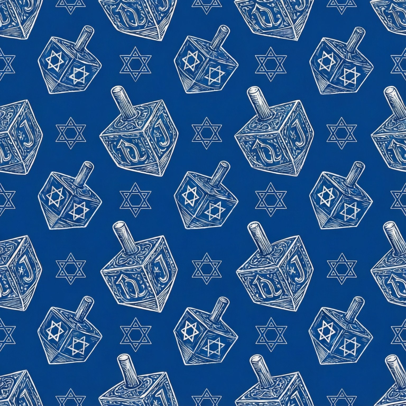 Dreidel Star Pattern 壁紙 — 在深藍色背景上重複出現的白色線條繪製的陀螺（dreidel）和大衛之星圖案。