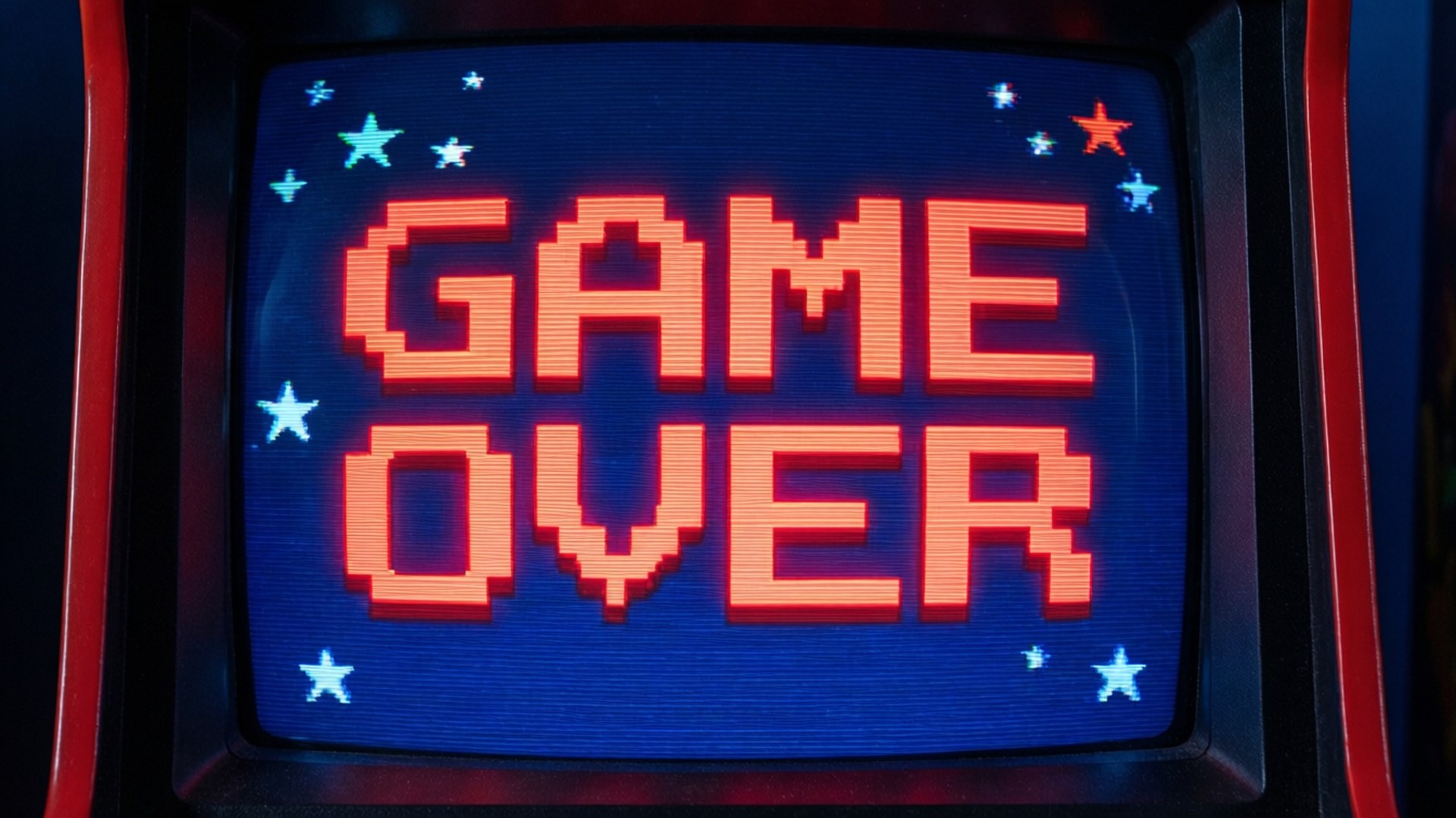 Game Over 桌布 壁紙 — 一個復古街機螢幕在藍色星空背景上以發光的紅色像素文字顯示 'GAME OVER'。