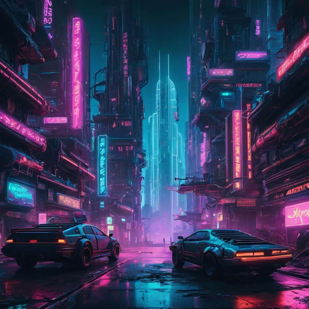  壁紙 — 兩輛復古未來風格的汽車在雨濕的霓虹燈光下，穿過兩旁高聳發光摩天大樓的賽博朋克小巷。