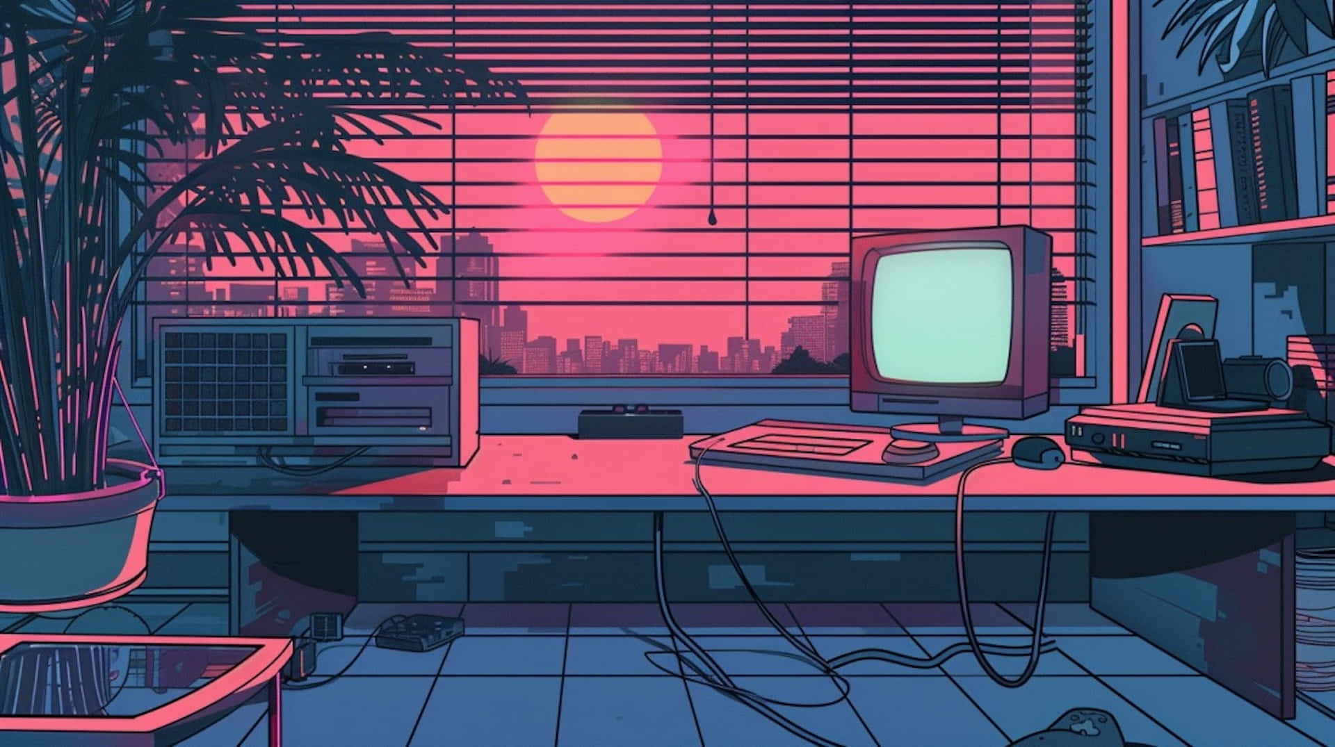 壁紙 — 一個復古未來主義的家庭辦公室，透過百葉窗可以看到夕陽下發光的電腦和城市景觀。