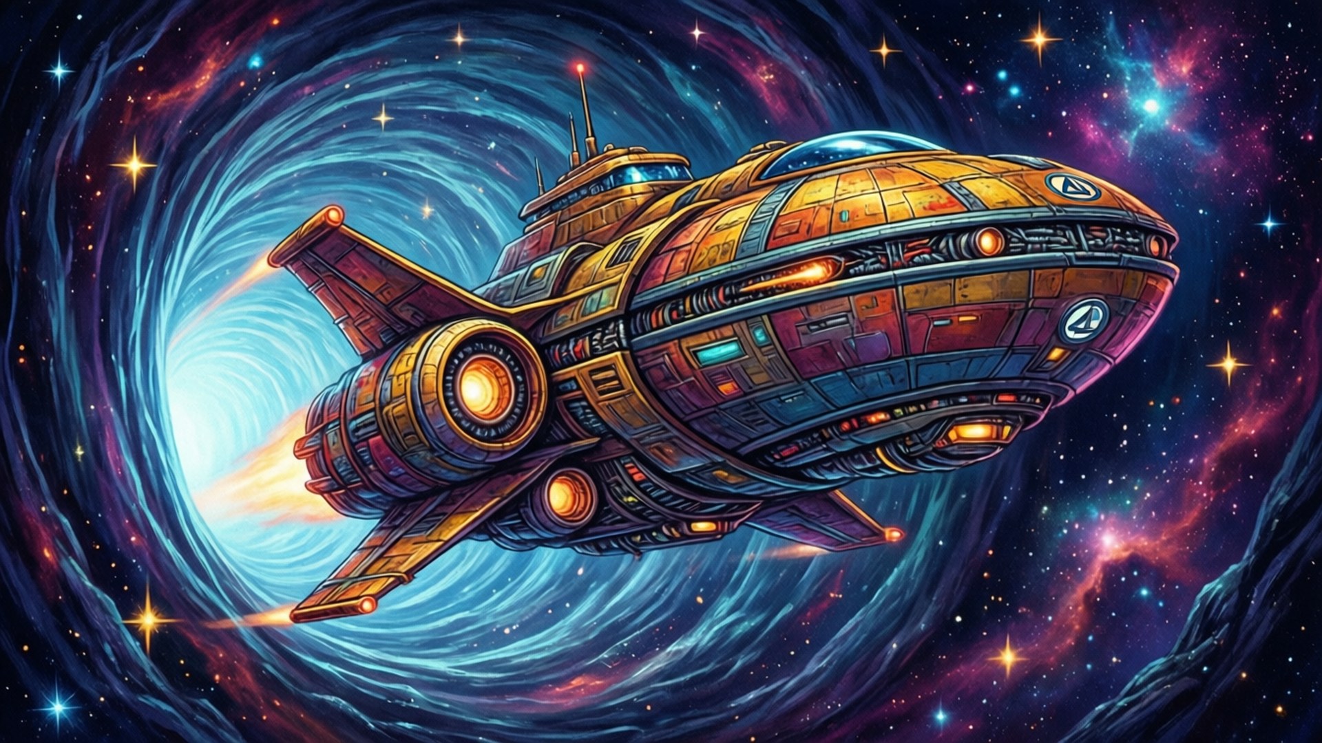 Spaceship Adventure 壁紙 — 一艘細節豐富的復古未來風格太空船，配備發光的橙色引擎，衝過一個由恆星和星雲環繞的旋轉宇宙蟲洞。
