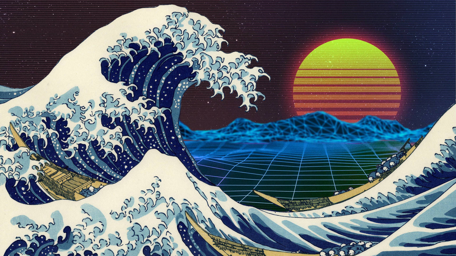 在霓虹夕陽和網格景觀下，帶有船隻的風格化波浪。 — 日式海浪 壁紙