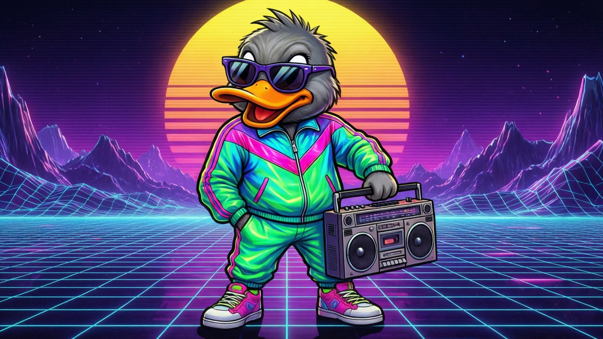 Quackity 桌布 壁紙 — 一隻穿著霓虹運動服和太陽眼鏡的復古未來主義鴨子，在發光的網格和日落山景前拿著一個手提音響。