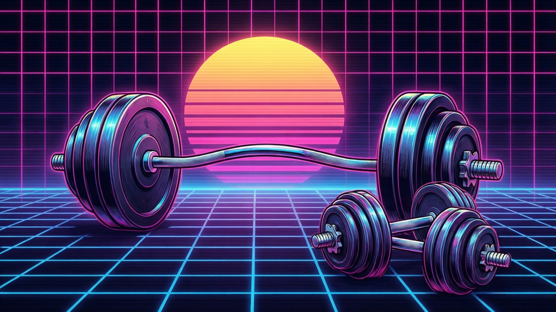 Weights 桌布 壁紙 — 一個復古未來風格的啞鈴和槓鈴在蒸氣波風格的網格地板上，於霓虹日落之下發光。