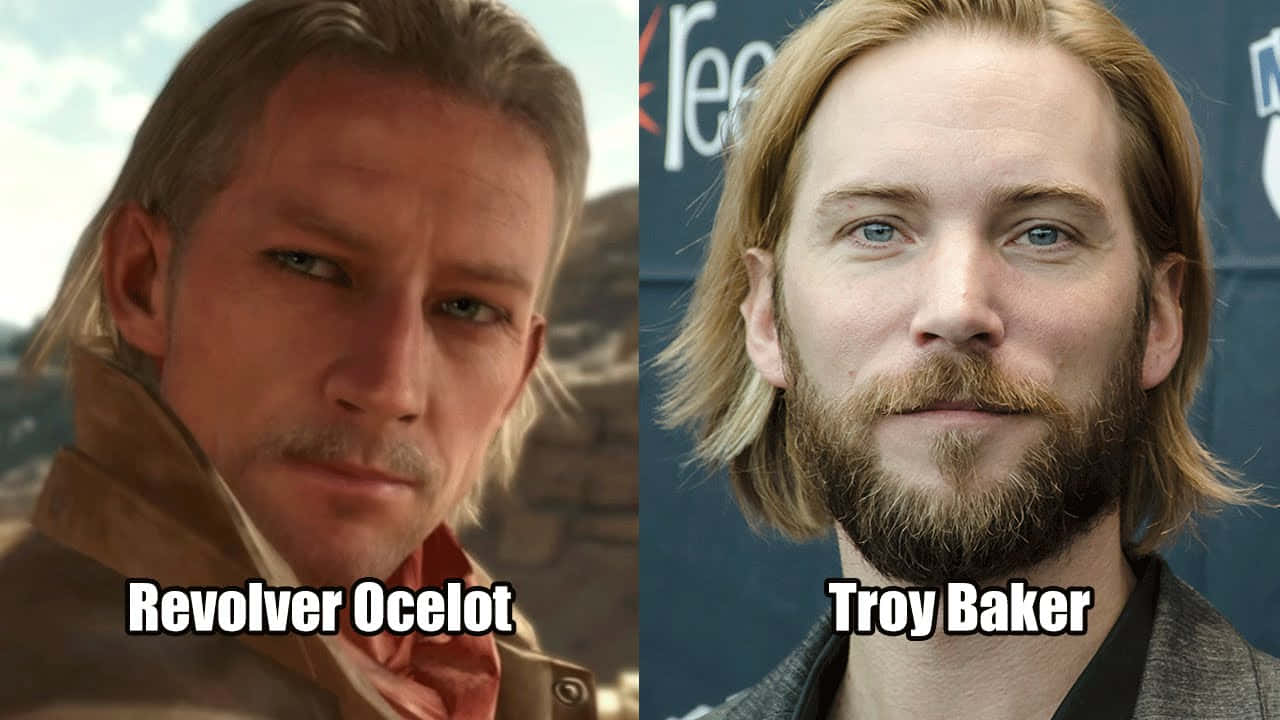 Metal Gear Solid Characters 桌布 壁紙 — 電子遊戲角色 Revolver Ocelot 與其真人演員 Troy Baker 的並排肖像，面部特徵相似。