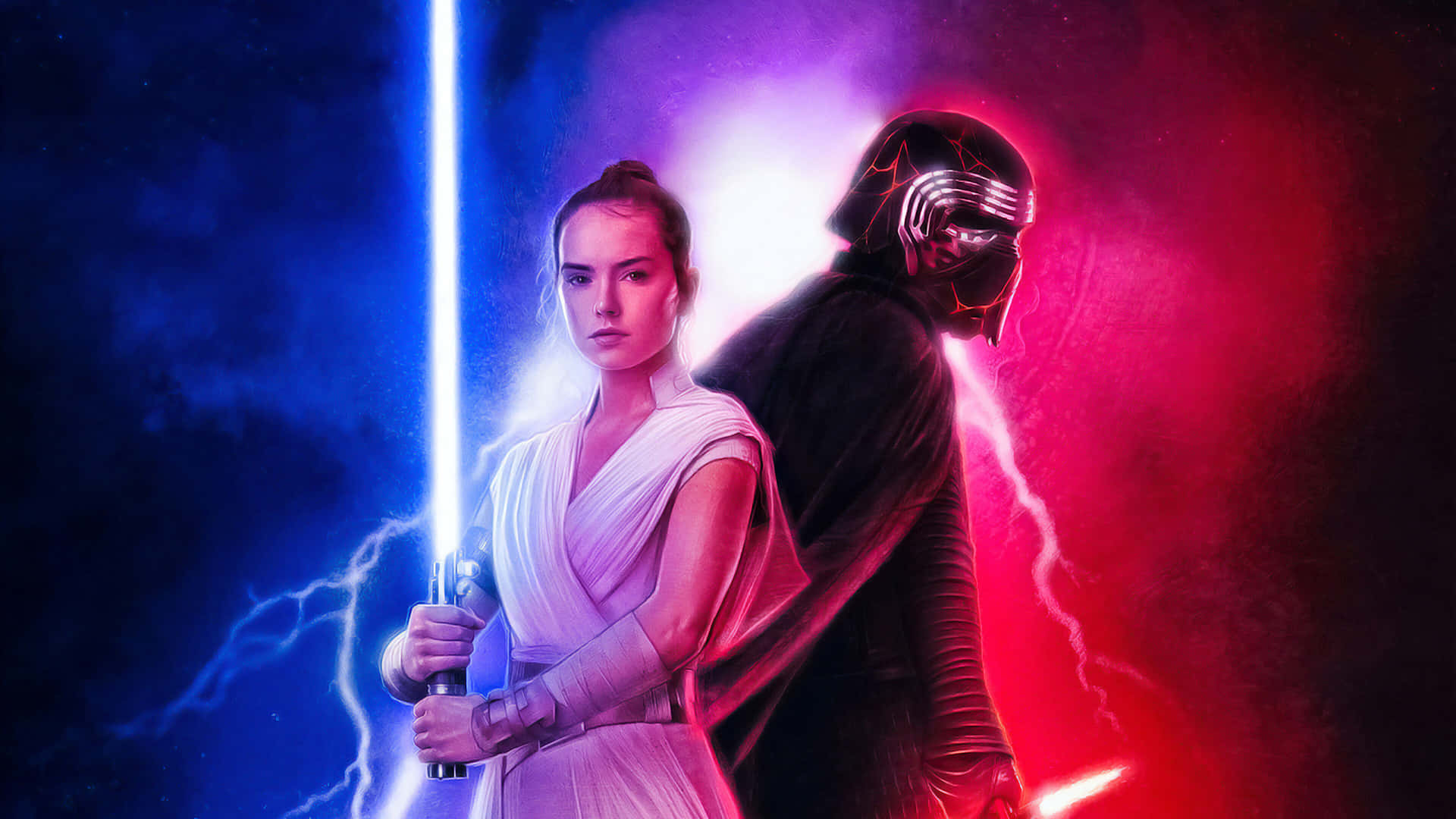  壁紙 — Rey 手持藍色光劍，而Kylo Ren則在她身後以紅色光劍隱現，背景是風暴般的宇宙。