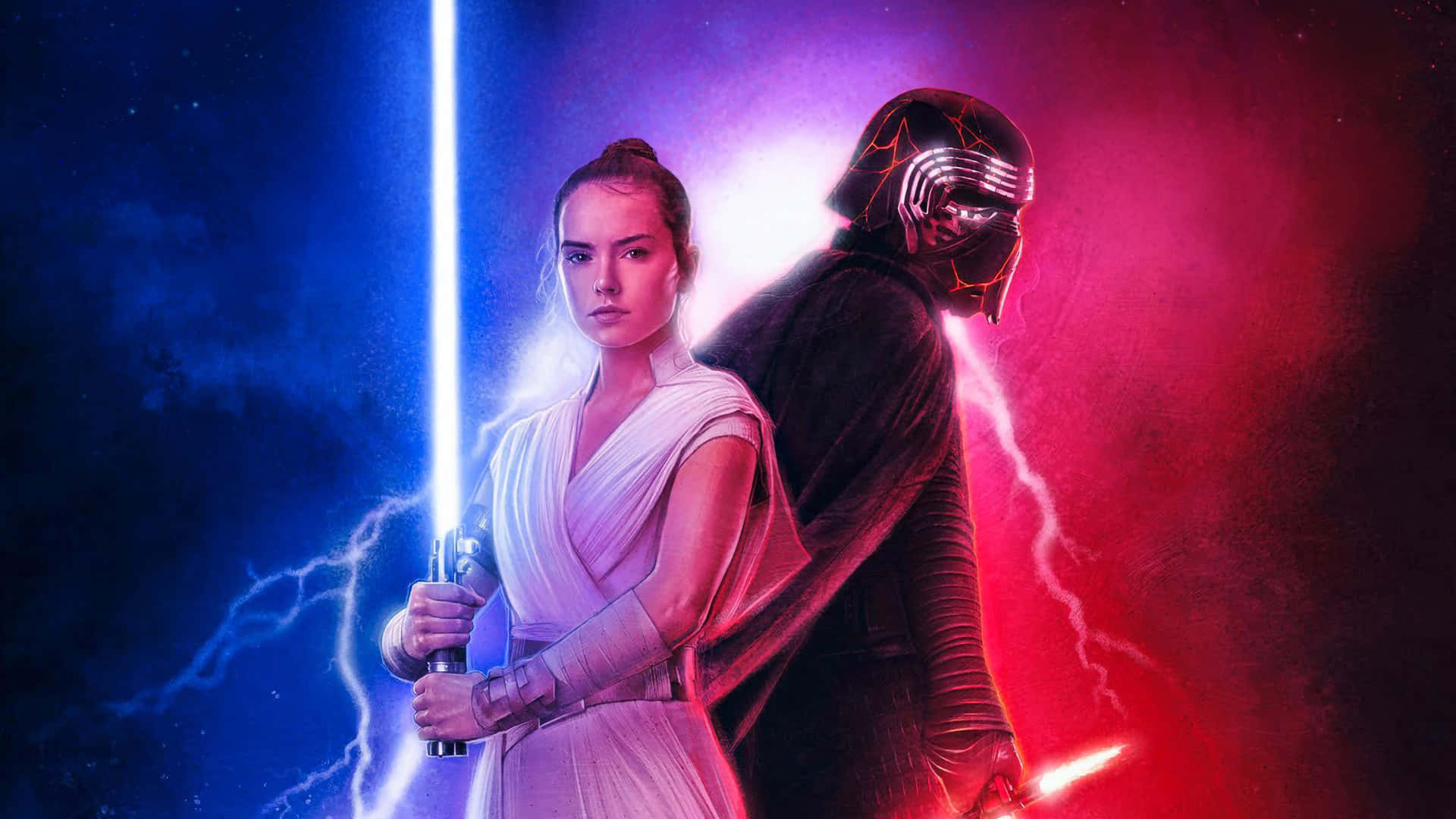 桌布 壁紙 — Rey 和 Kylo Ren 背對背站立，手持藍色和紅色的光劍，背景是宇宙風暴。