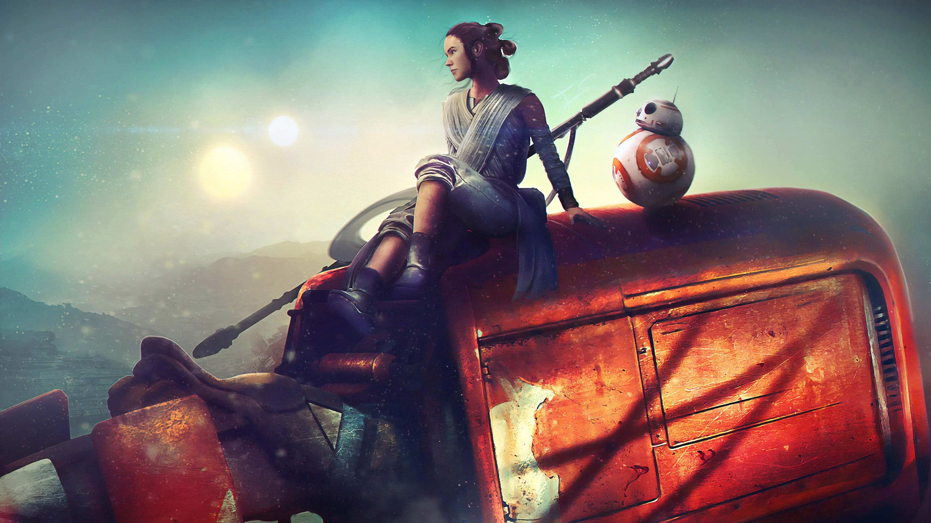 Star Wars The Force Awakens 桌布 壁紙 — Rey 坐在一輛風化的紅色飛車上，BB-8 在她旁邊，背景是朦朧的雙太陽天空。