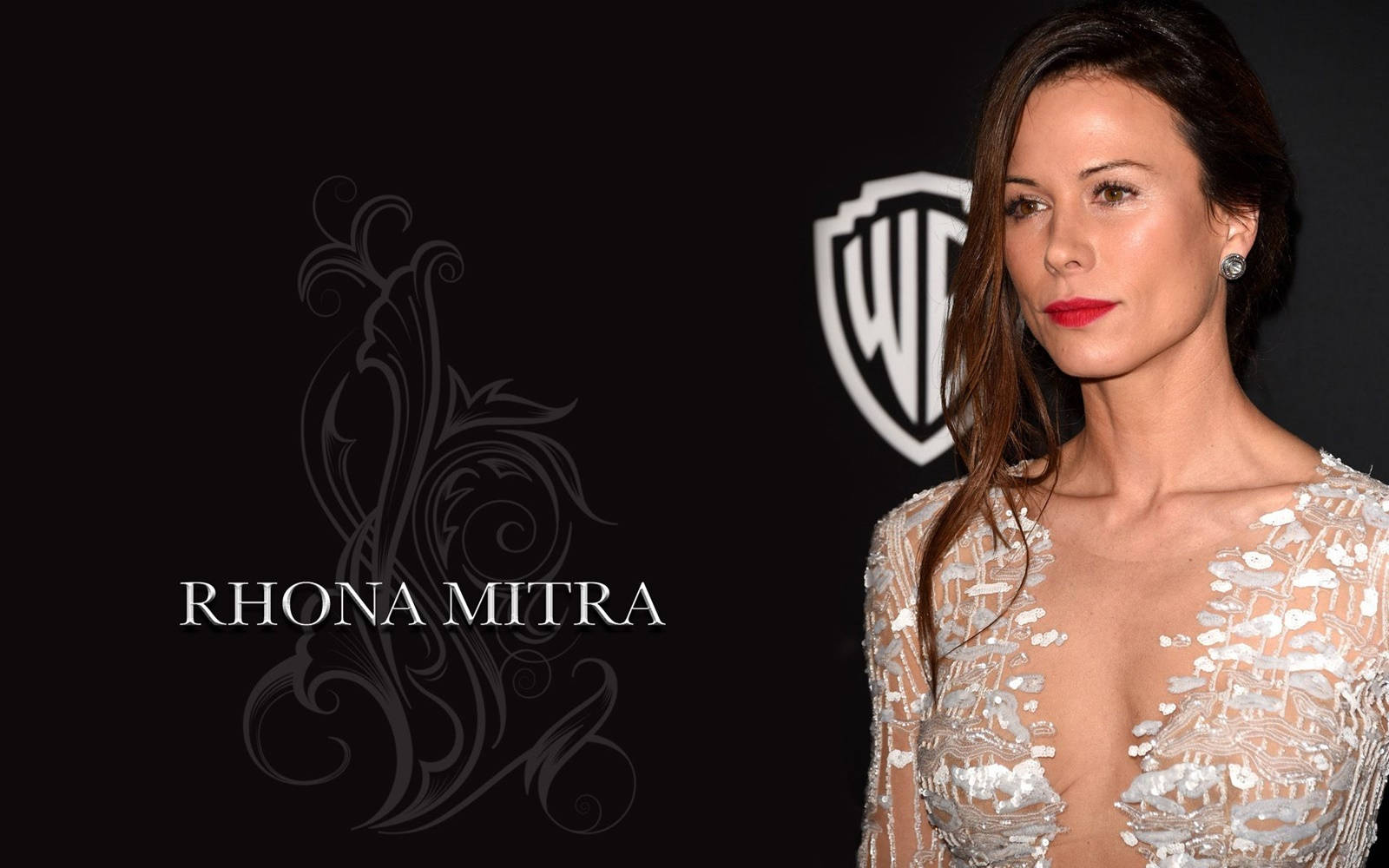美女 桌布 壁紙 — Rhona Mitra 在黑色背景上優雅地擺姿勢，身穿閃閃發光的銀色禮服，背景有Warner Bros標誌和華麗的漩渦圖案。