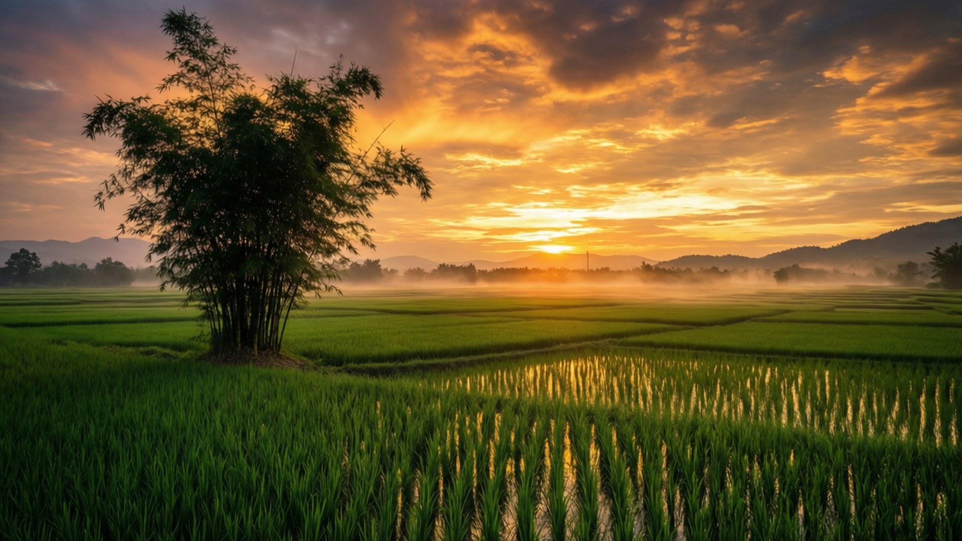 Rice Field 桌布 壁紙 — 日出時分，一棵孤獨的竹子矗立在霧氣瀰漫的綠色稻田中，遠山之上有金色的雲彩。