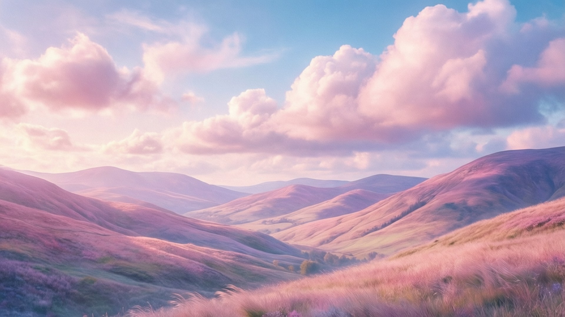 Pastel Dream Hills 壁紙 — 日出時，粉紅色草地覆蓋的起伏山丘在充滿柔和粉紅色和藍色雲朵的天空下延伸。