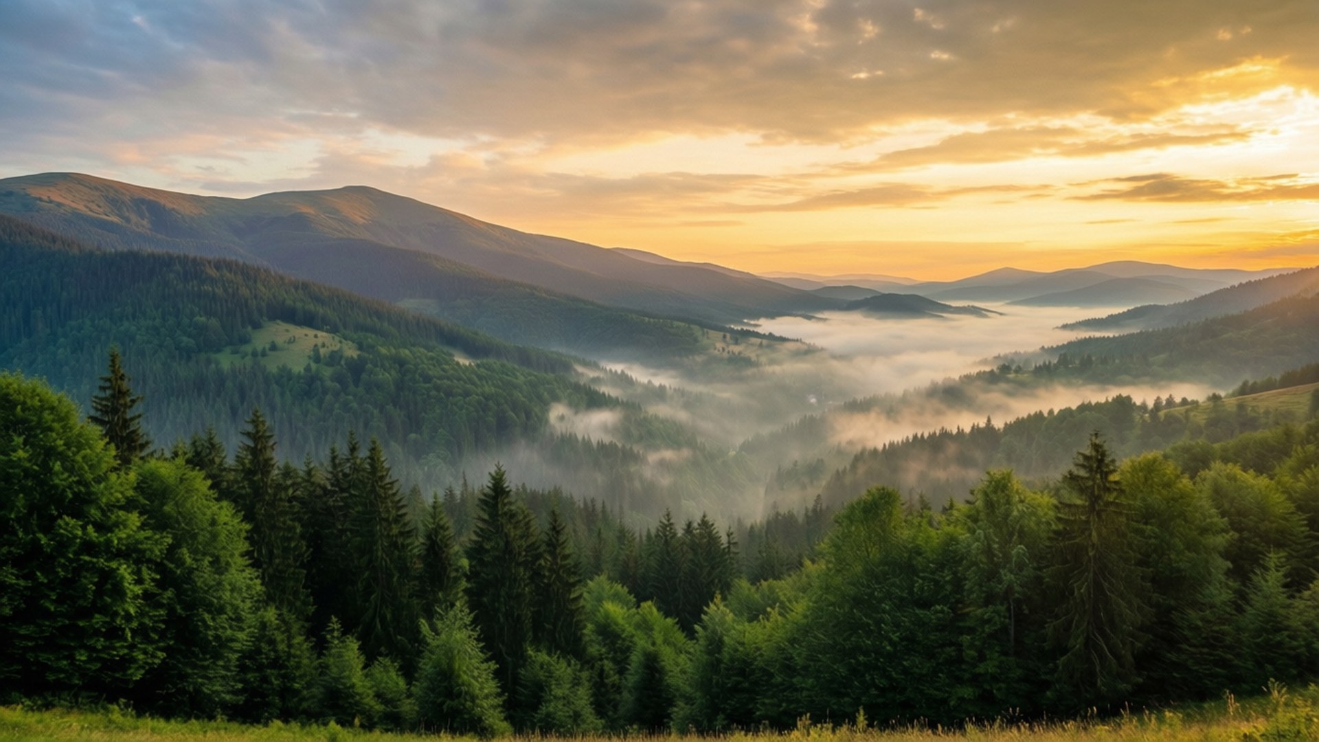 Carpathian Sunrise Panorama 壁紙 — 日出在濃密常綠森林環繞的霧氣山谷中繪出金色雲彩。
