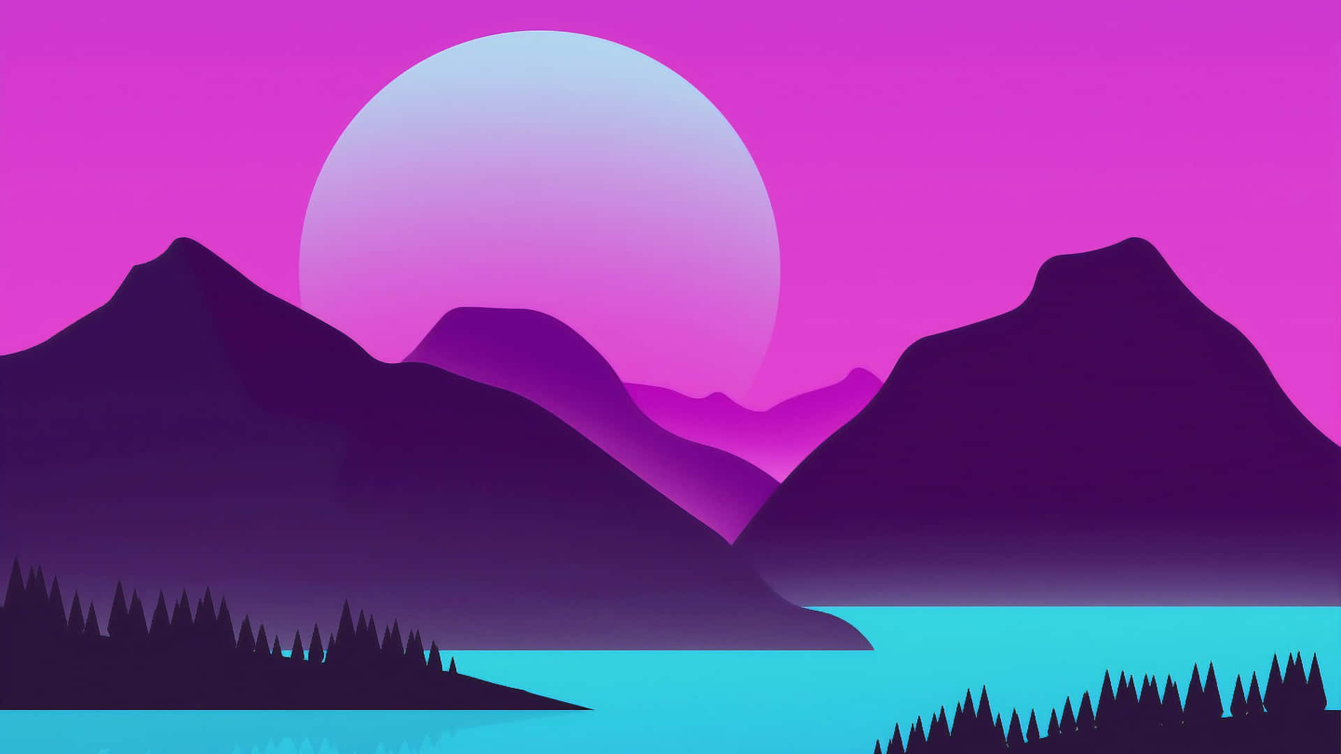  壁紙 — 日落時分的風格化山景，山峰後方有一個巨大的發光球體，下方是碧綠色的湖泊。