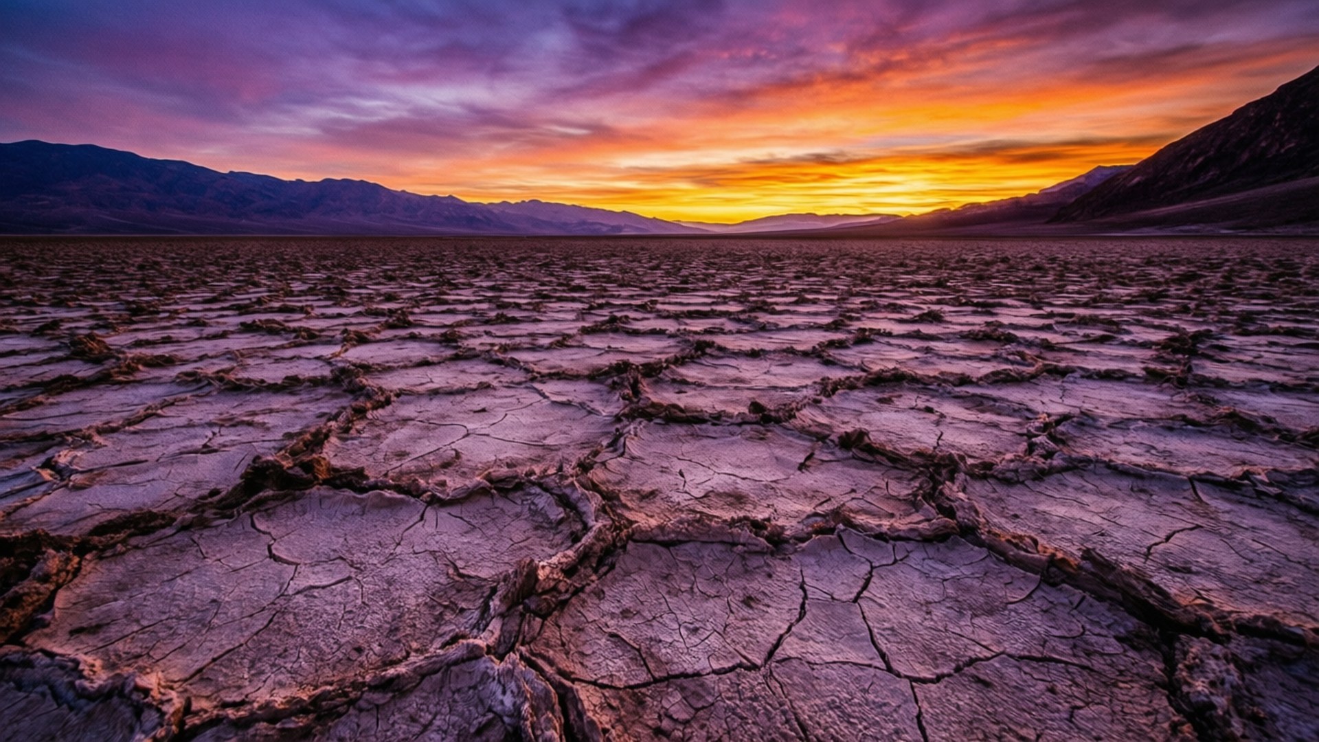 Death Valley Salt Flats Sunset 壁紙 — 廣闊的龜裂沙漠地面沐浴在熾熱的日落色調中，遠山在戲劇性的紫橙色天空下形成剪影。