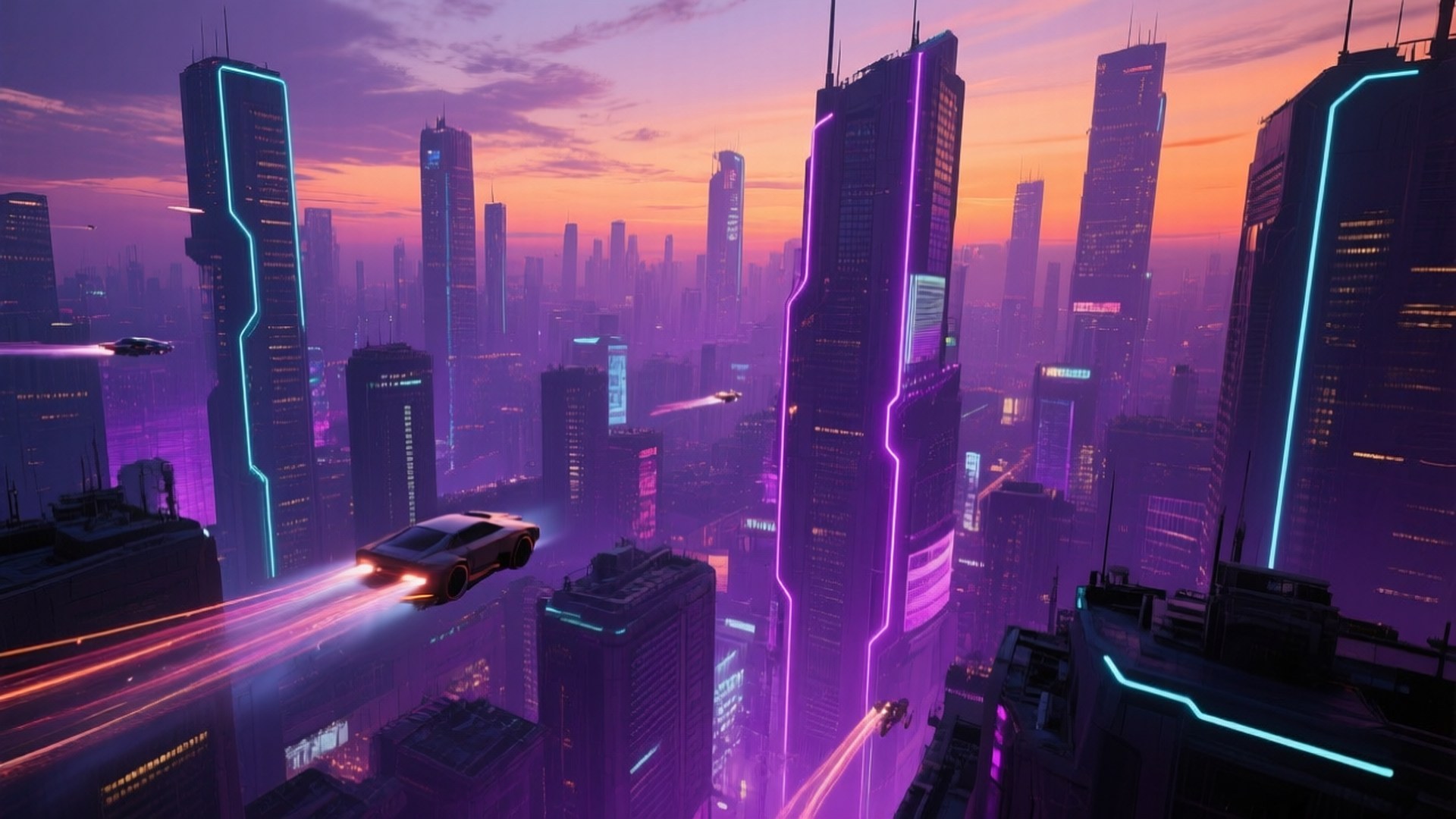 Skyline Dystopia 壁紙 — 日落時分的未來城市景觀，霓虹燈閃爍的摩天大樓和飛車在霧氣中穿梭。