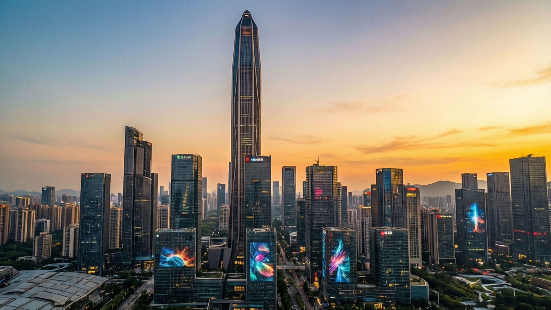 Sunset Skyline Glory 壁紙 — 日落時分，高聳的未來主義城市景觀，玻璃摩天大樓在金色天空中閃耀。