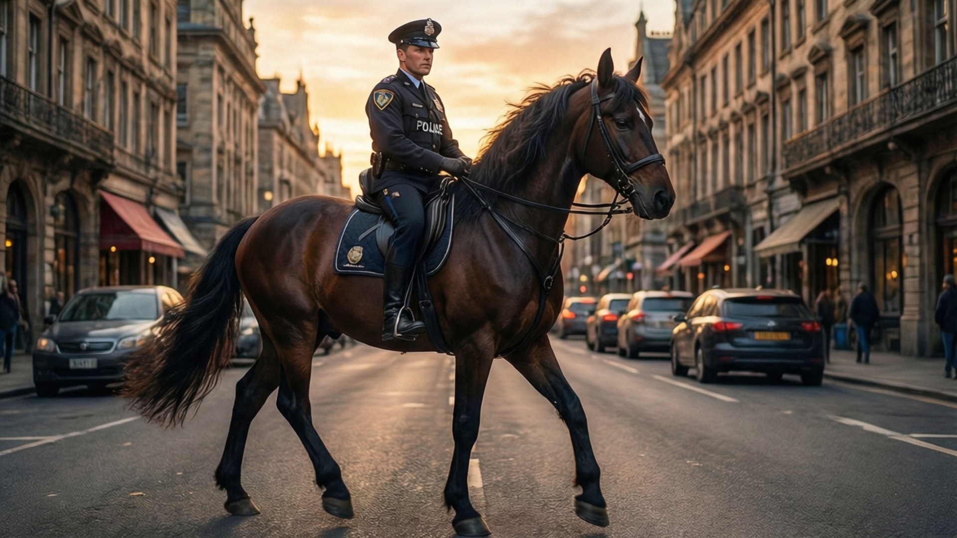 Mounted Patrol 壁紙 — 一名騎著深棕色馬的警察在黃金時段巡邏歐洲城市街道，背景有汽車和歷史建築。