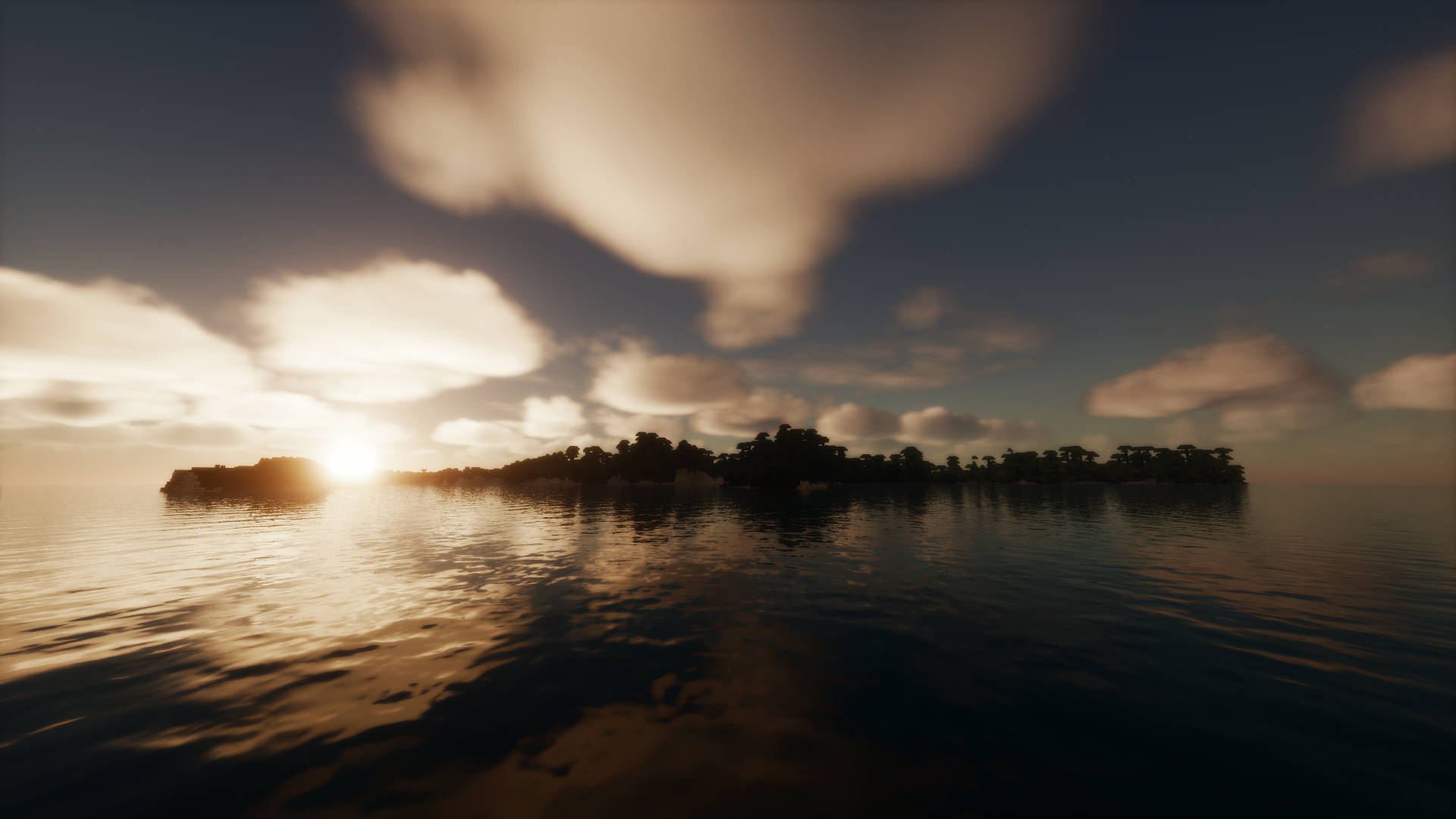 平靜海面上的日落，帶有島嶼剪影和雲朵倒影 — 可愛的 Minecraft 壁紙