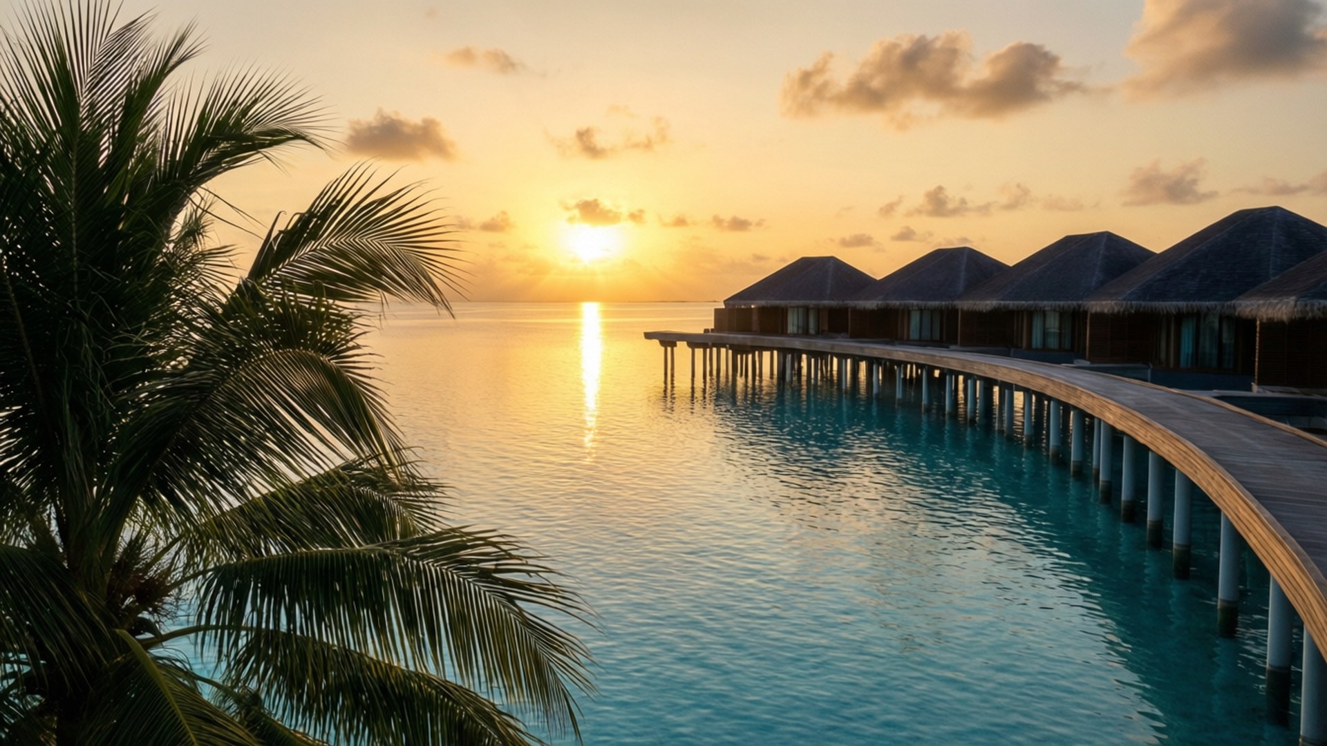 Overwater Bungalow Sunrise 壁紙 — 日落照耀在碧綠色的潟湖上，水上平房和棕櫚葉框住了景色。