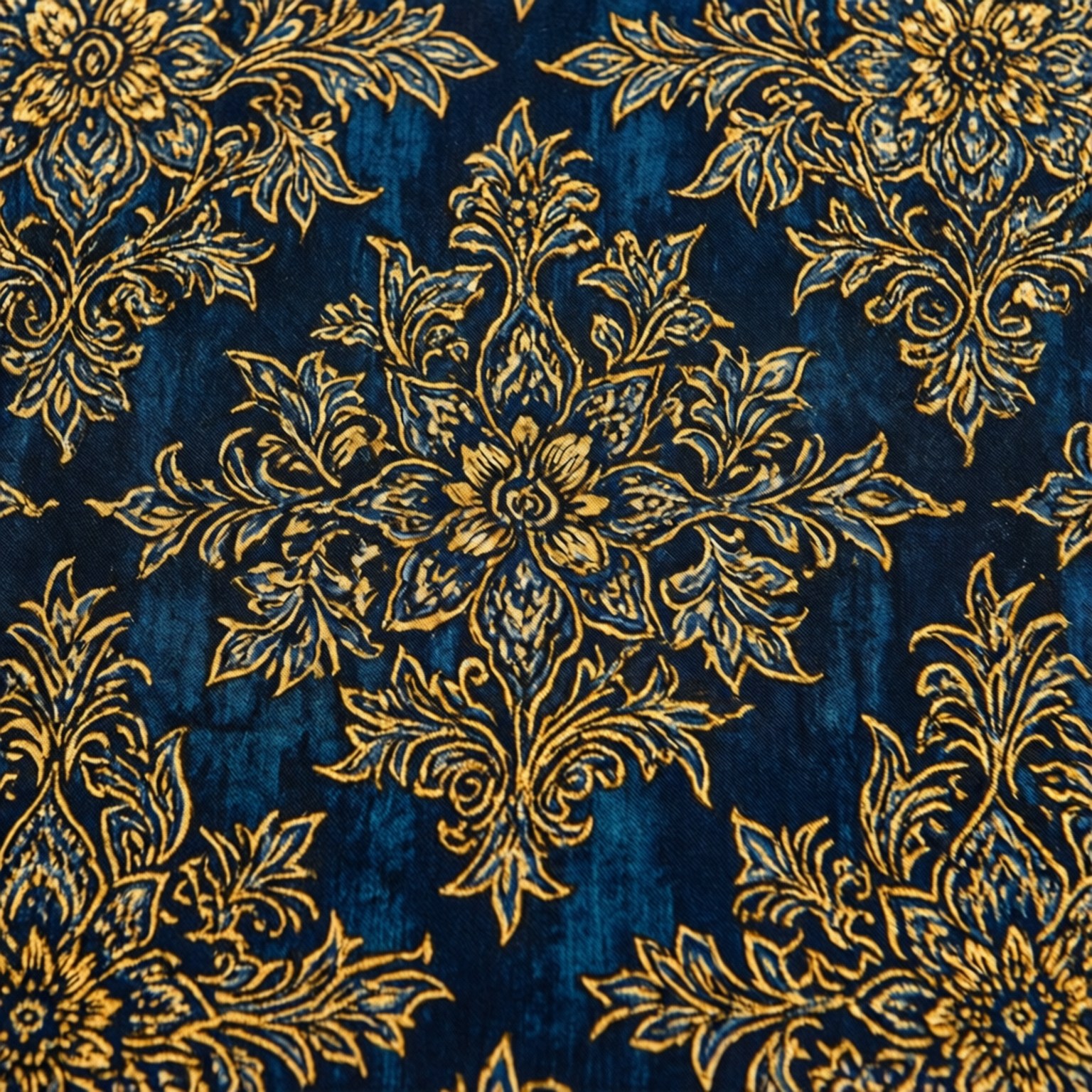 Intricate Batik Pattern 壁紙 — 豐富的海軍藍天鵝絨布料，飾有複雜的金色花卉錦緞圖案，重複對稱設計。