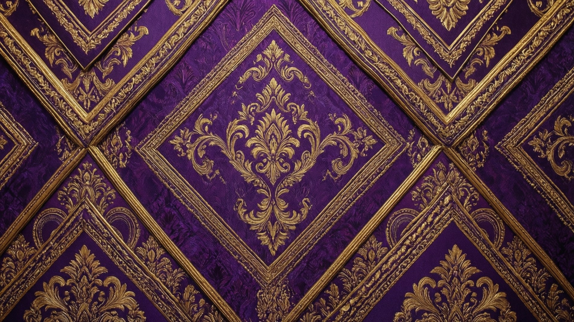 Royal Violet Damask 壁紙 — 豐富的紫色天鵝絨壁紙，帶有重複鑽石框架中複雜的金色大馬士革圖案。