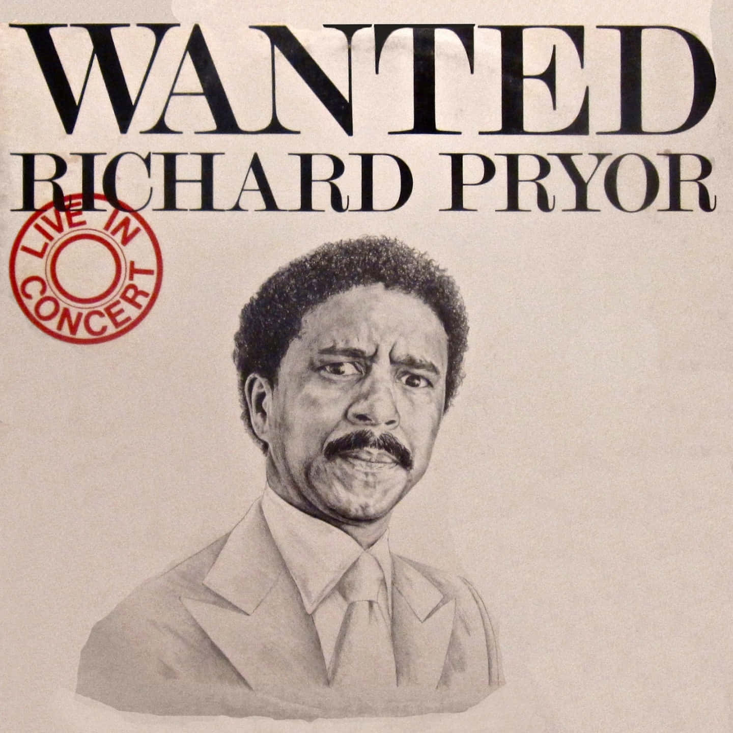 Richard Pryor 桌布 壁紙 — Richard Pryor 的復古通緝海報風格插圖，附有現場音樂會印章。