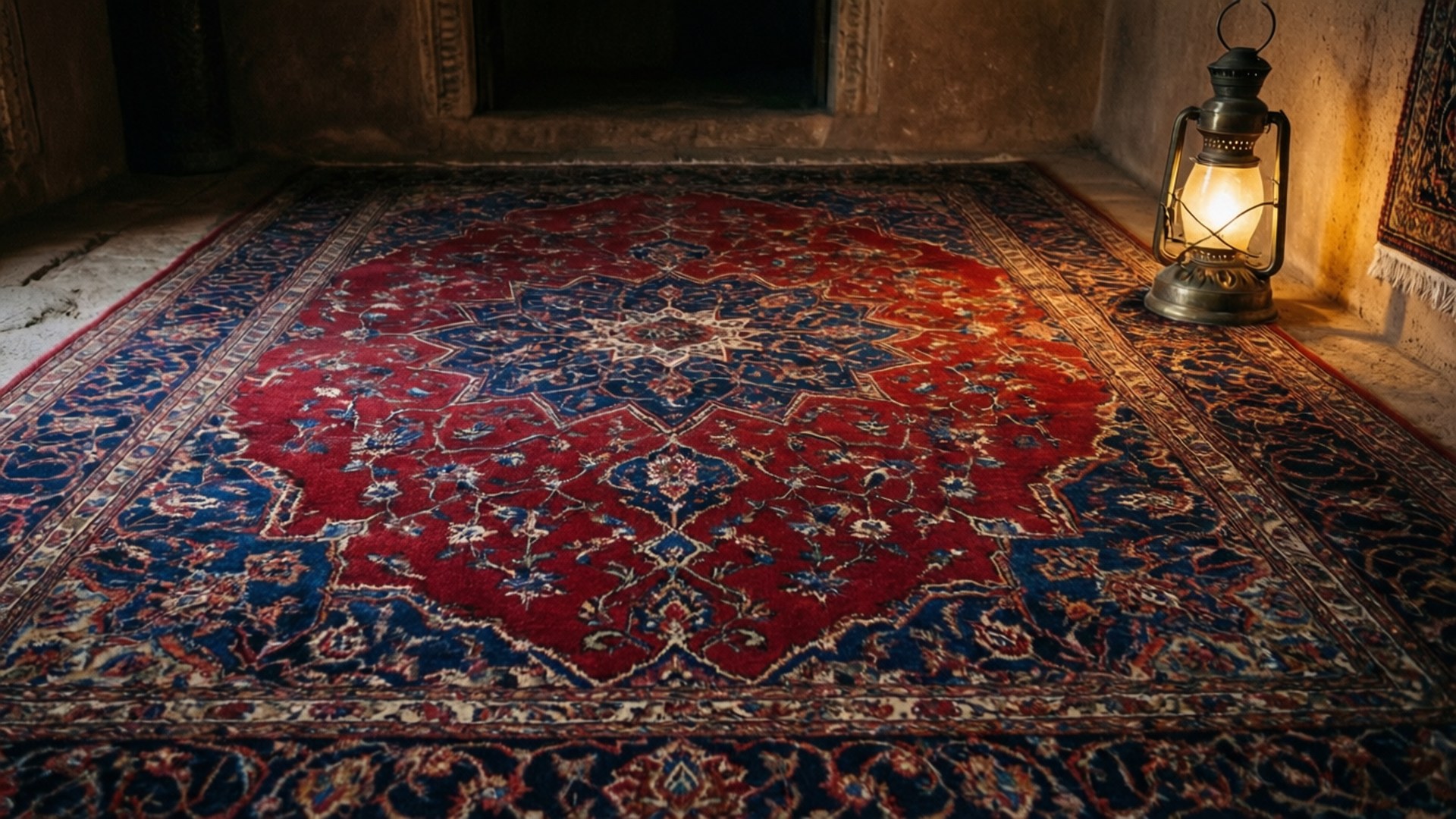 Persian Carpet 桌布 壁紙 — 一塊圖案豐富的紅藍波斯地毯鋪在昏暗的石室中，由一盞復古燈籠照亮，散發出溫暖的金色光芒。