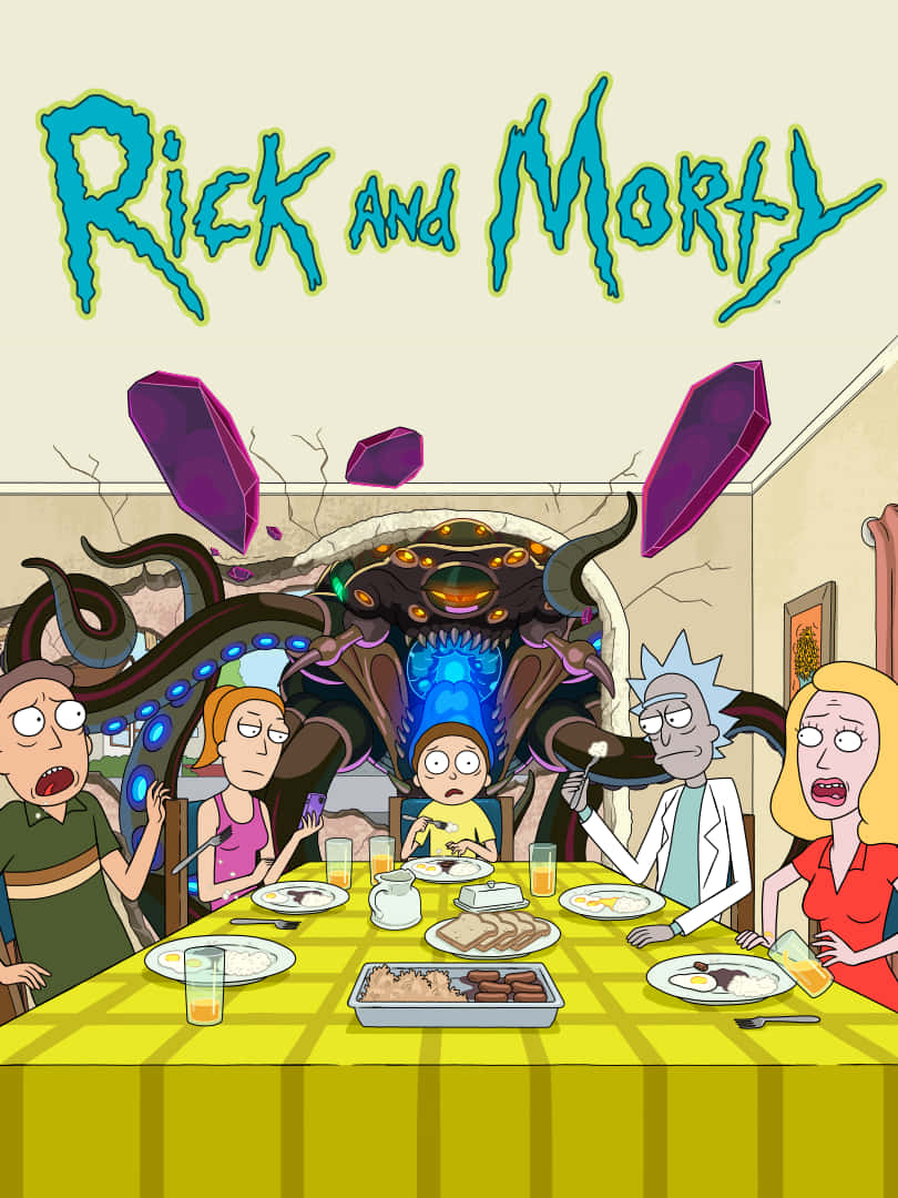 瑞克和莫蒂 桌布 壁紙 — Rick and Morty 一家震驚地看著一隻巨大的外星生物衝破他們的飯廳牆壁。