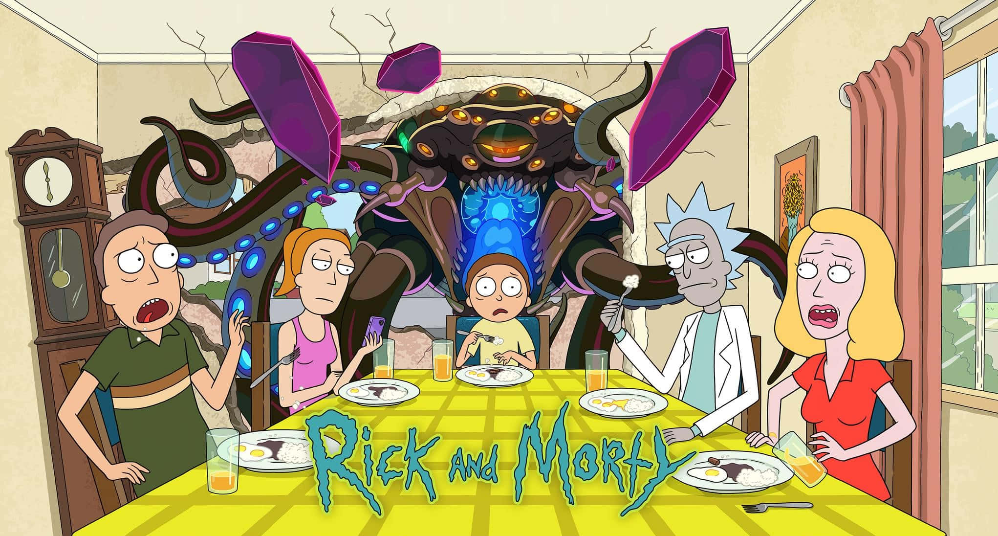瑞克和莫蒂 桌布 壁紙 — Rick and Morty 一家震驚地看著一隻巨大的外星生物衝破他們飯廳的天花板。