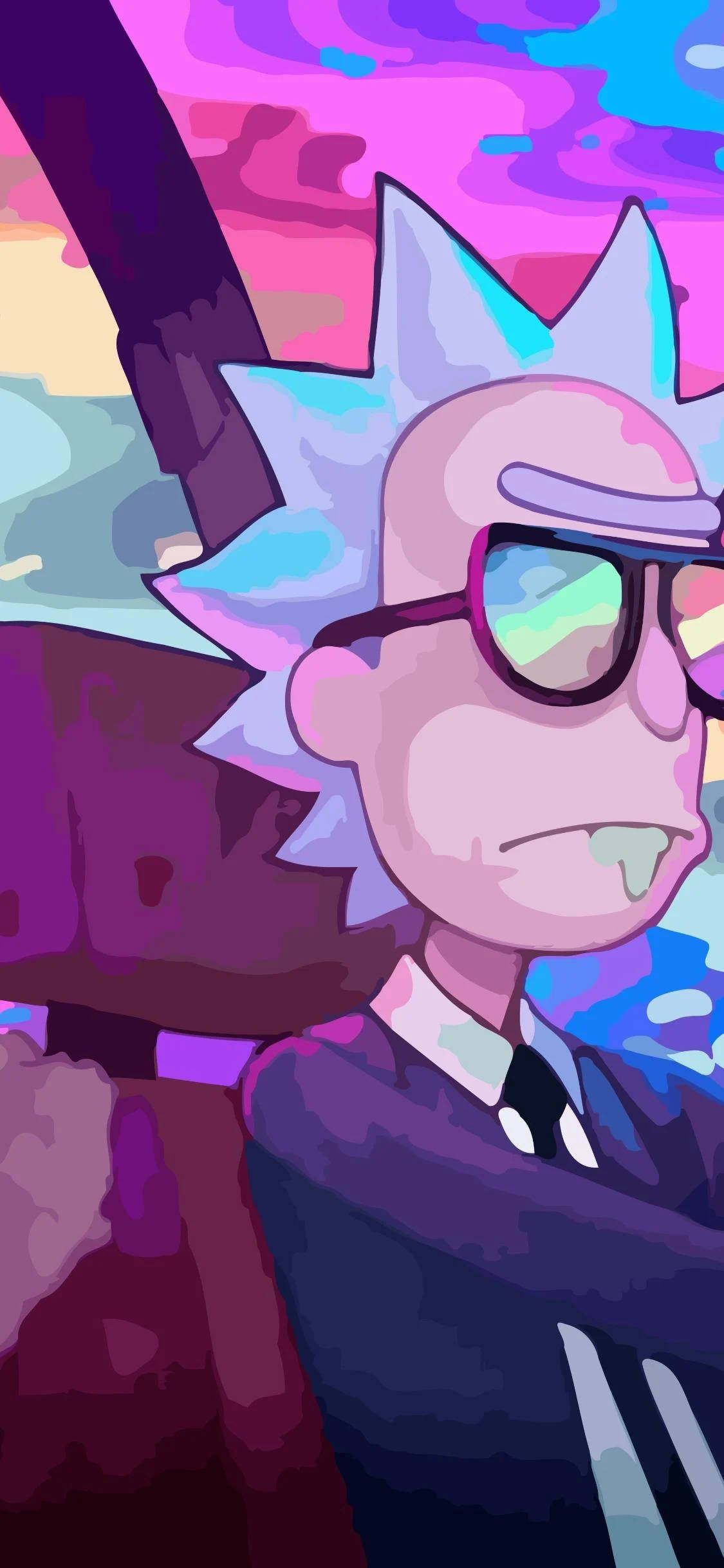 瑞克和莫蒂 桌布 壁紙 — 《Rick and Morty》中的Rick Sanchez戴著太陽眼鏡和西裝，背景是充滿活力的紫粉紅色天空。