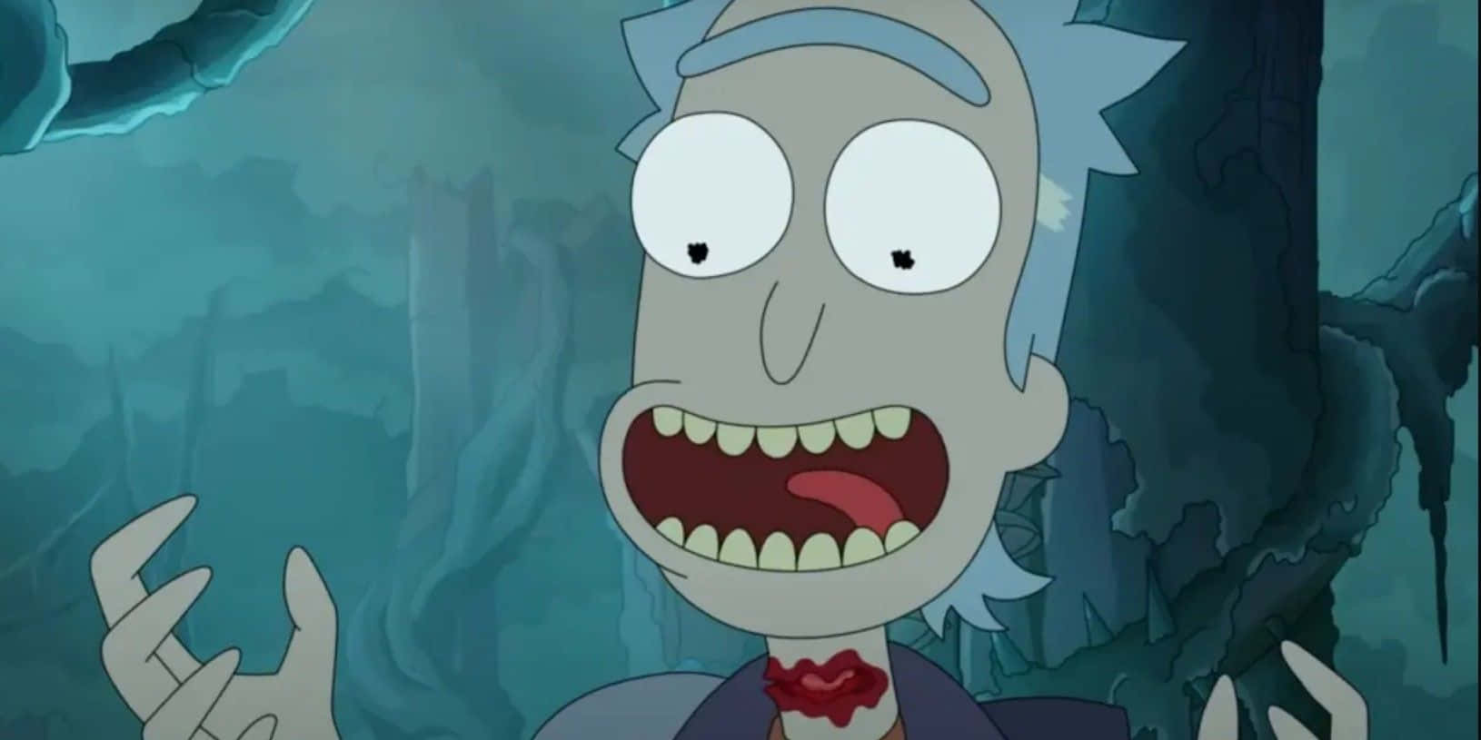 The Council Of Ricks 桌布 壁紙 — 《Rick and Morty》中的瑞克·桑切斯在深藍綠色洞穴背景下，頸部流血，恐懼地尖叫。