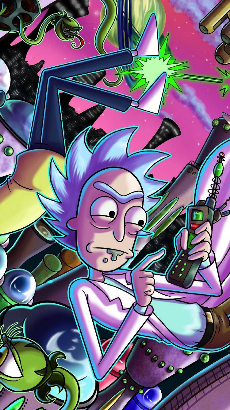 rick 桌布 壁紙 — 《Rick and Morty》中的Rick Sanchez被混亂的科幻小工具和外星生物包圍，背景是充滿活力的粉紅色宇宙背景。