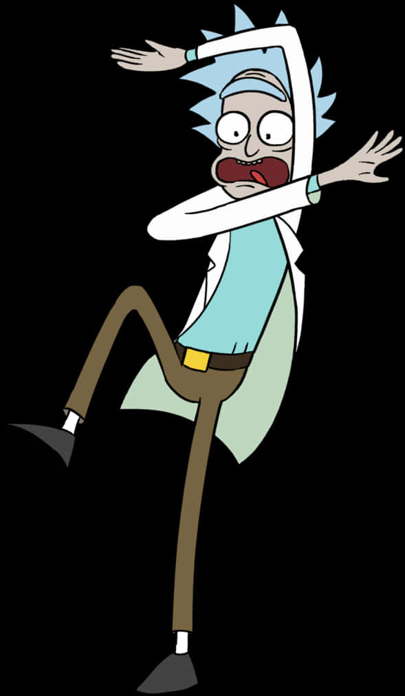 Rick Sanchez 桌布 壁紙 — 《Rick and Morty》中的瑞克·桑切斯在黑色背景前擺出戲劇性的姿勢，雙臂伸展，一條腿踢起。